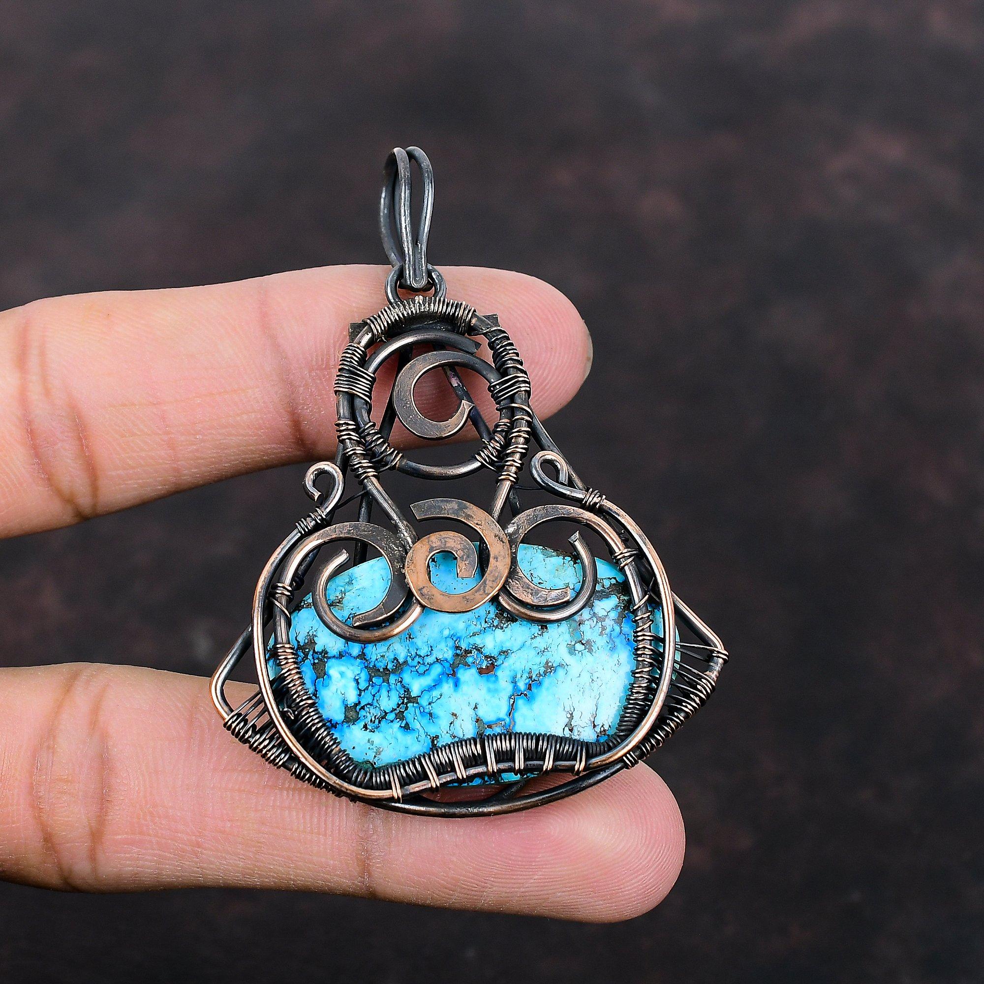Tibetan Turquoise Pendant Copper Wire Wrapped Pendant Handmade Tibetan Turquoise Jewelry Gemstone Pendant For Gift Copper Wire Wrap Jewelry