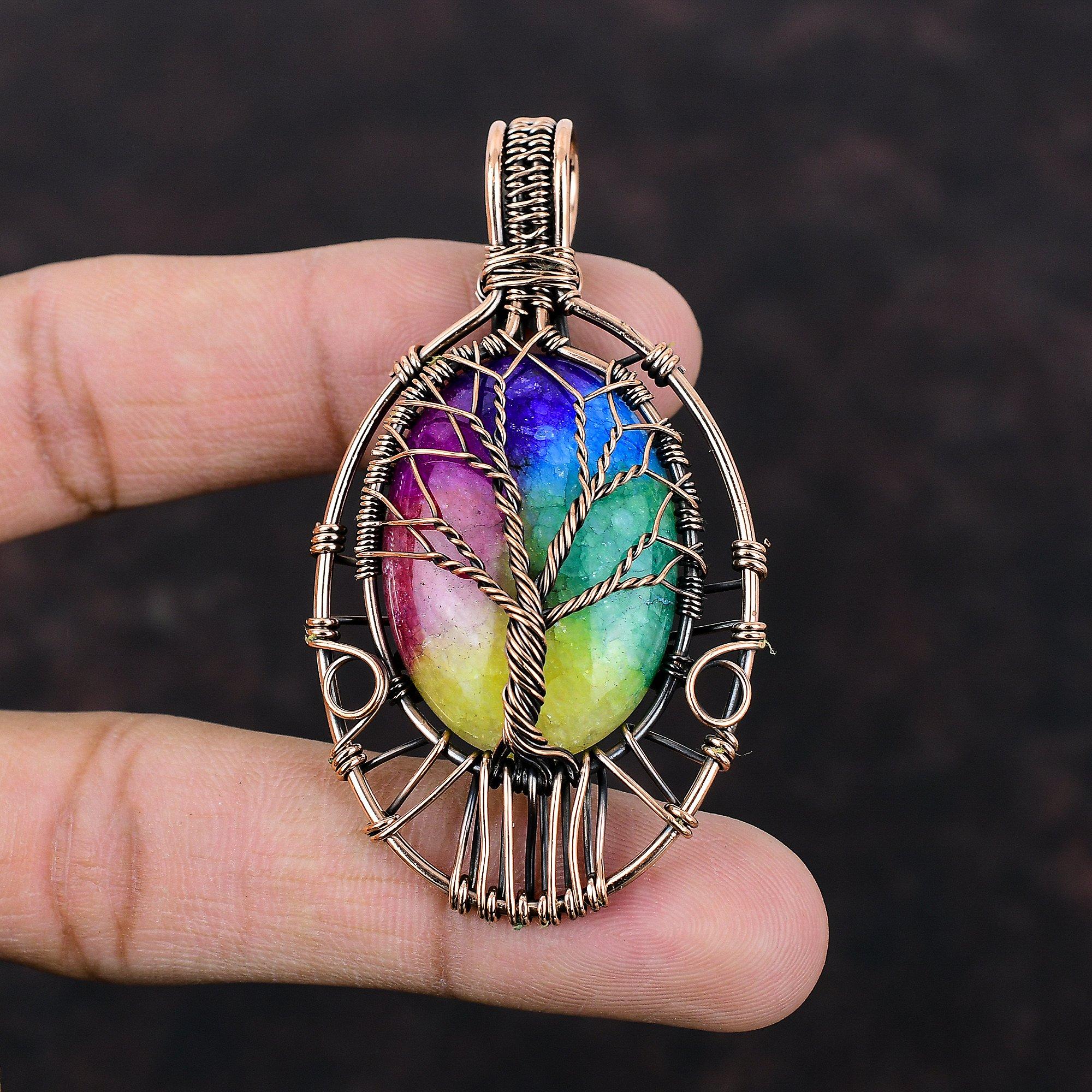 Tree Of Life Rainbow Solar Quartz Druzy Pendant Copper Wire Wrapped Gemstone Pendant Handmade Pendant Copper Wire Wrap Jewelry Gift For Mom