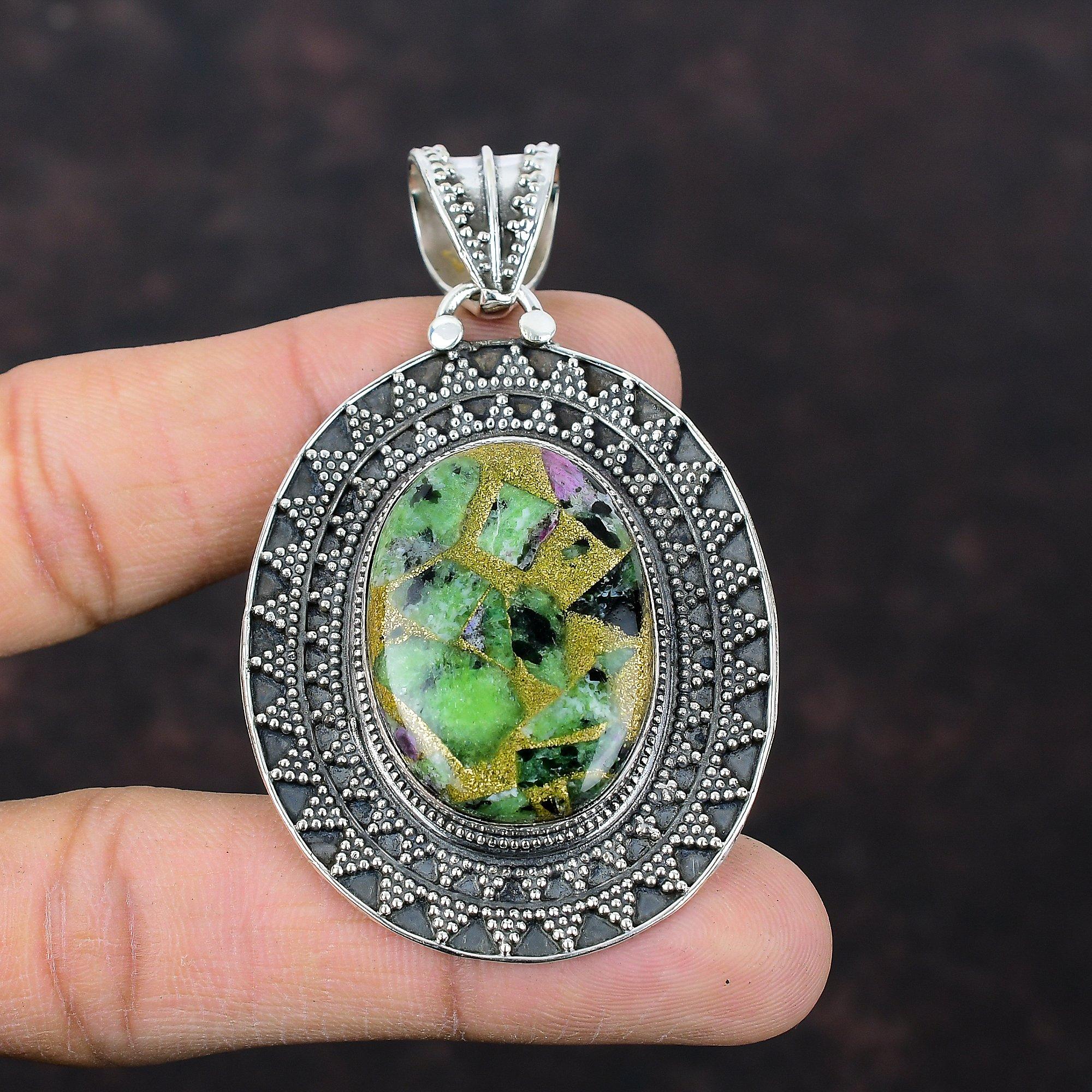 Copper Ruby Zoisite Pendant 925 Sterling Silver Pendant Handmade Vintage Jewelry Top Quality Gemstone Pendant Gift For Him Beautiful Pendant