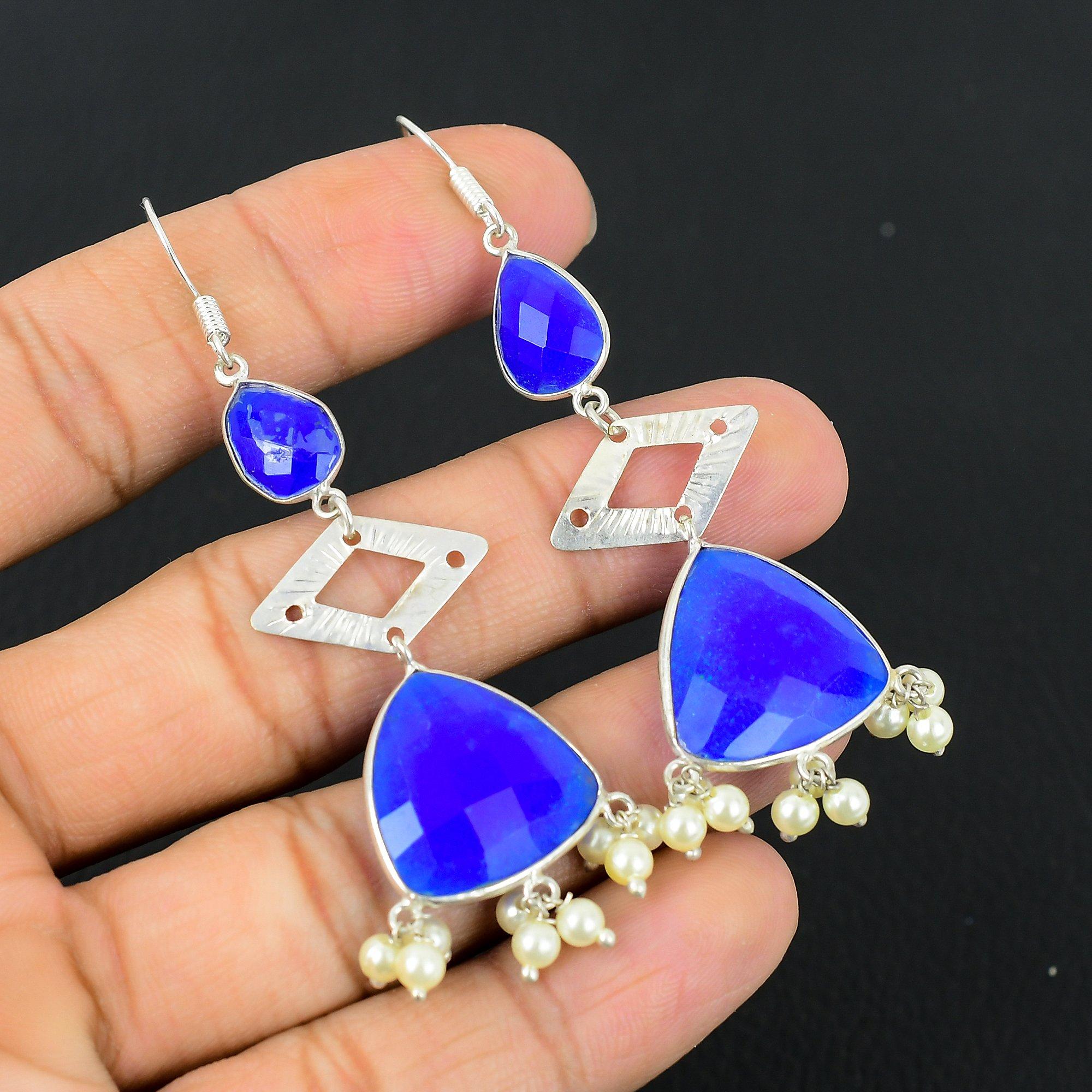 Natural Blue Saphire Gemstone Drop/Dangle Earrings 925 Silver For Women