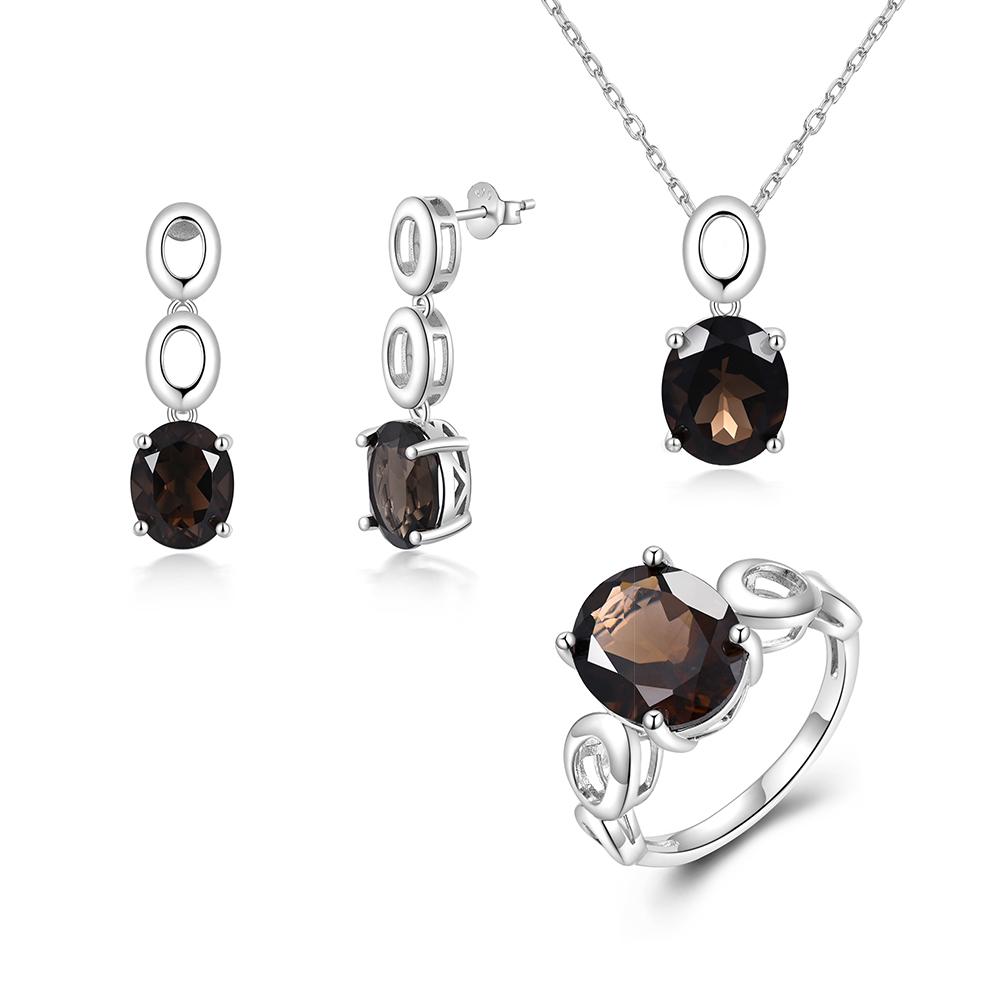 Ensemble de collier et boucles d'oreilles en argent pour femmes, Unique, tendance, énorme pierre de naissance fumée naturelle, bijoux parfaits pour les amoureux