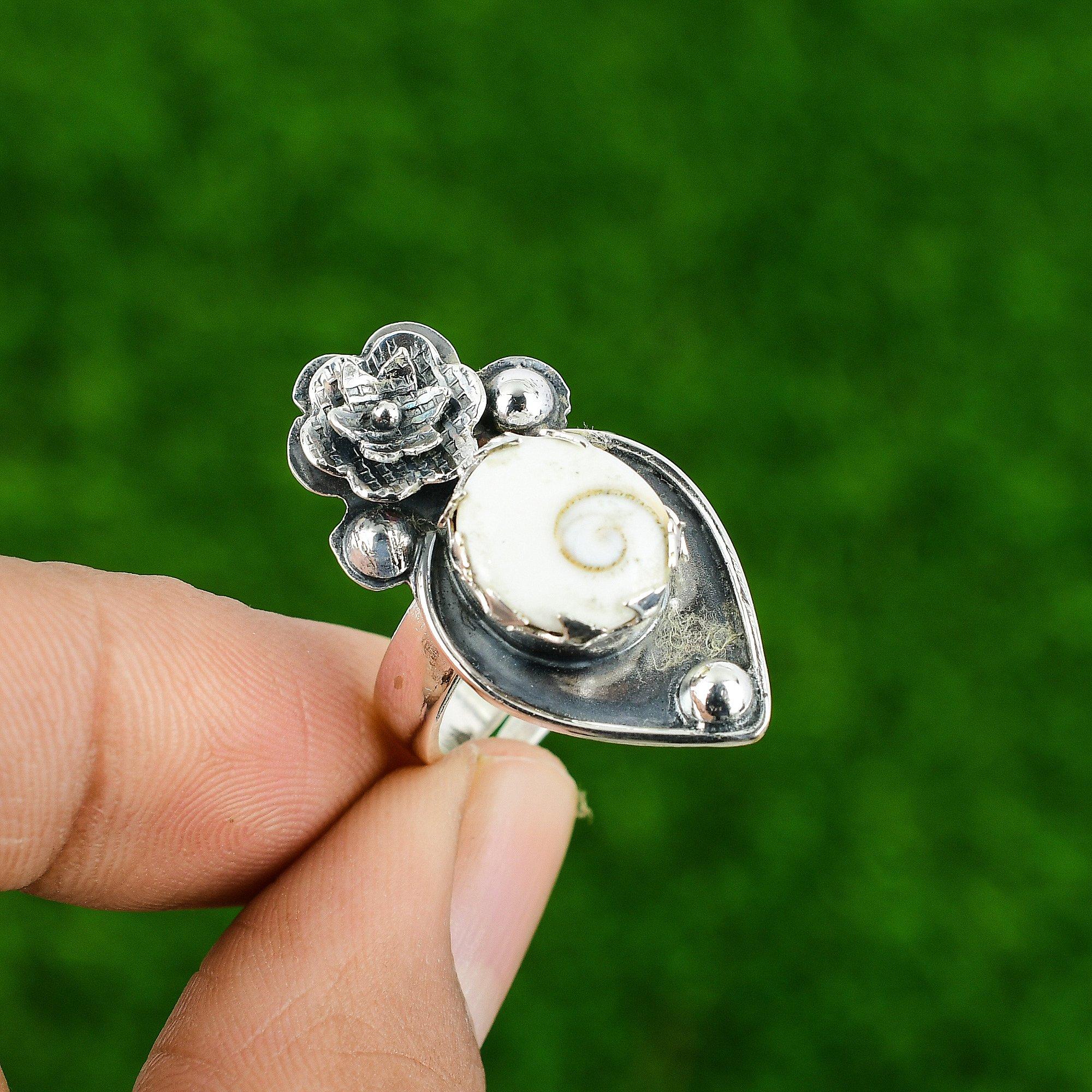 Natural Shiva Eye Shell Statement Flower White Adjustable Ring 925 Silver
