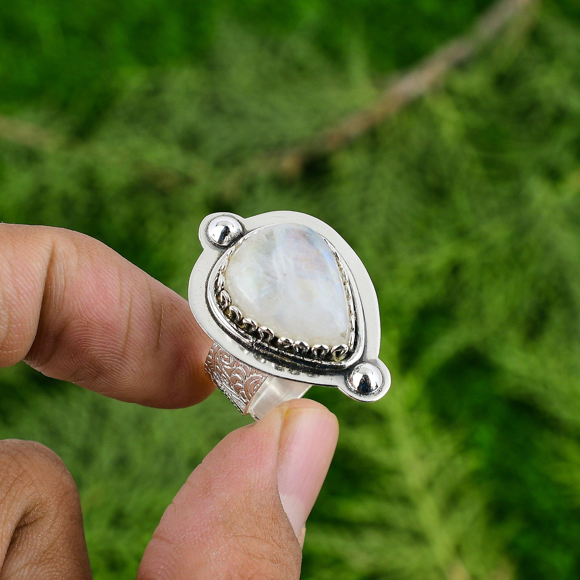 Pear Natural Rainbow Moonstone 925 Sterling Silver Mother Statement Bezel Ring