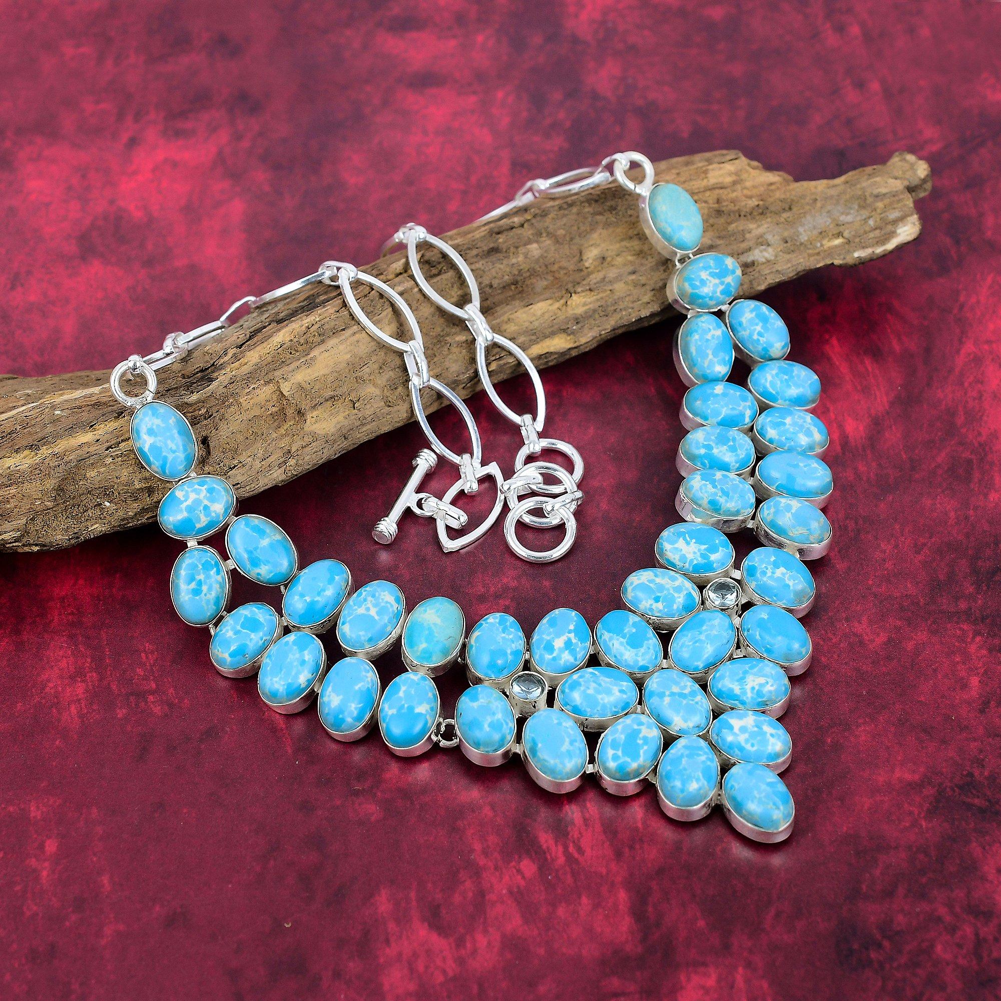 Larimar 925 Solid Sterling Silver Necklace with Adjustable Chain, Handmade Gemstone Jewelry Necklace For Memorial Day