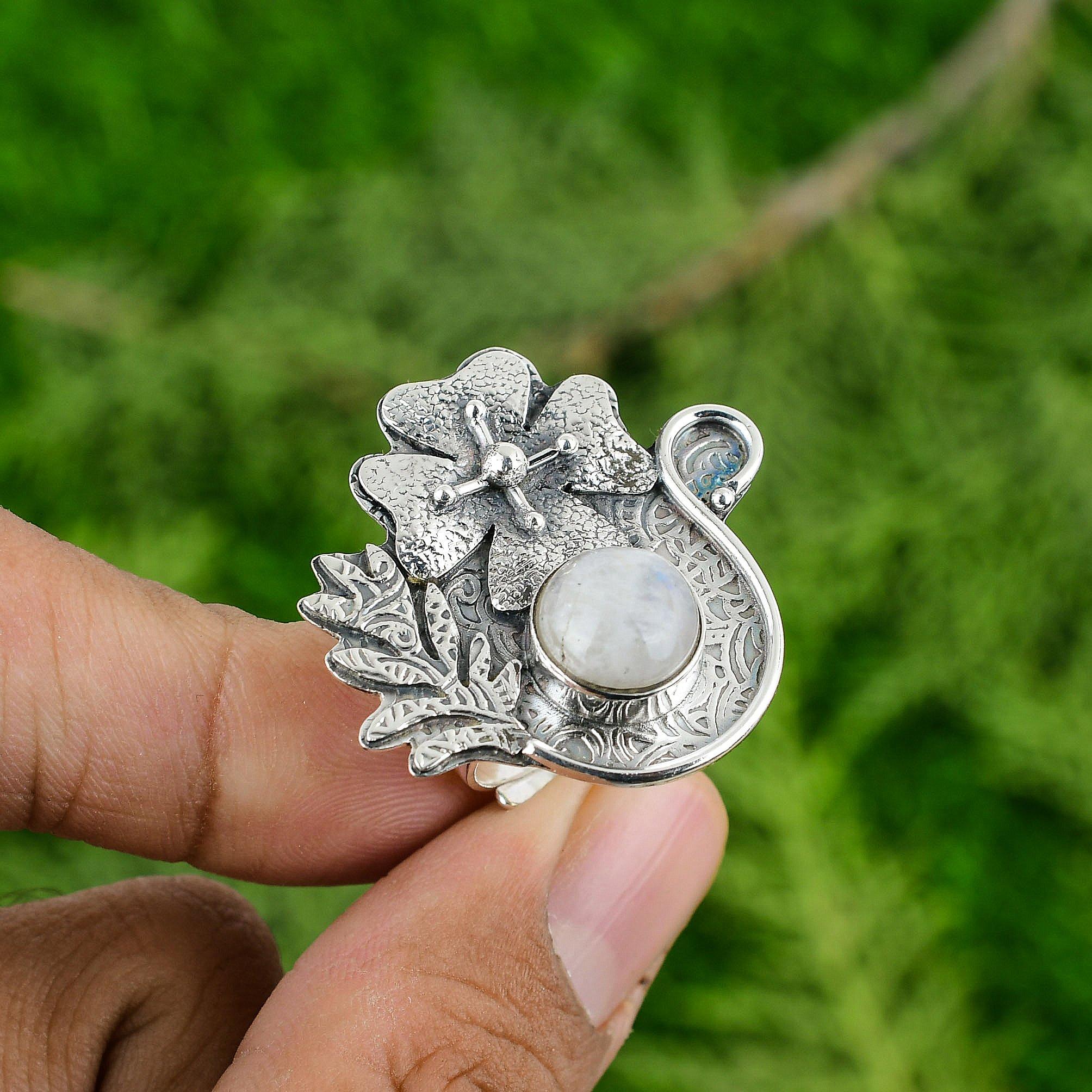 Gift For Her 925 Silver Natural Rainbow Moonstone Promise Flower Adjustable Ring