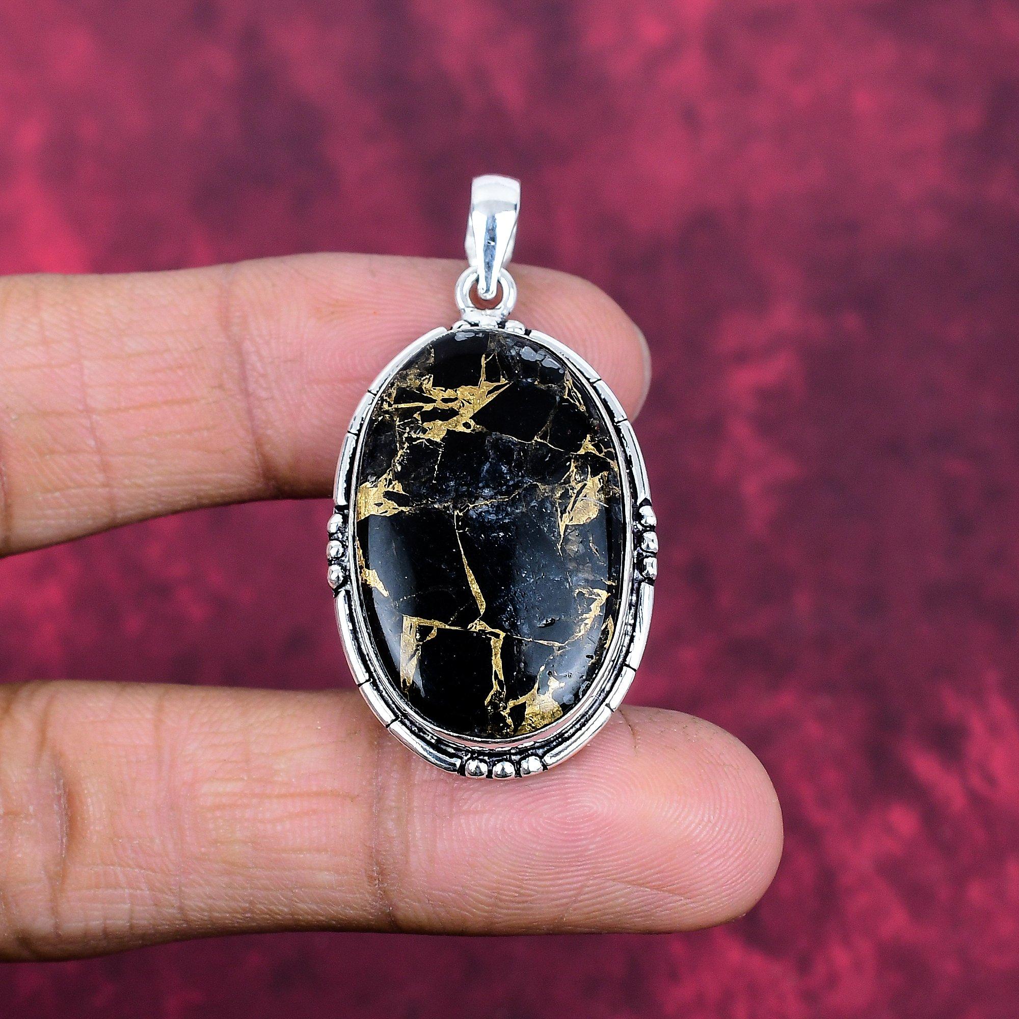 Schwarz-Kupfer-Türkis Anhänger Edelstein Schmuck, 925 Sterlingsilber Massiv Anhänger, Geschenk für Frauen Handgefertigter Anhänger