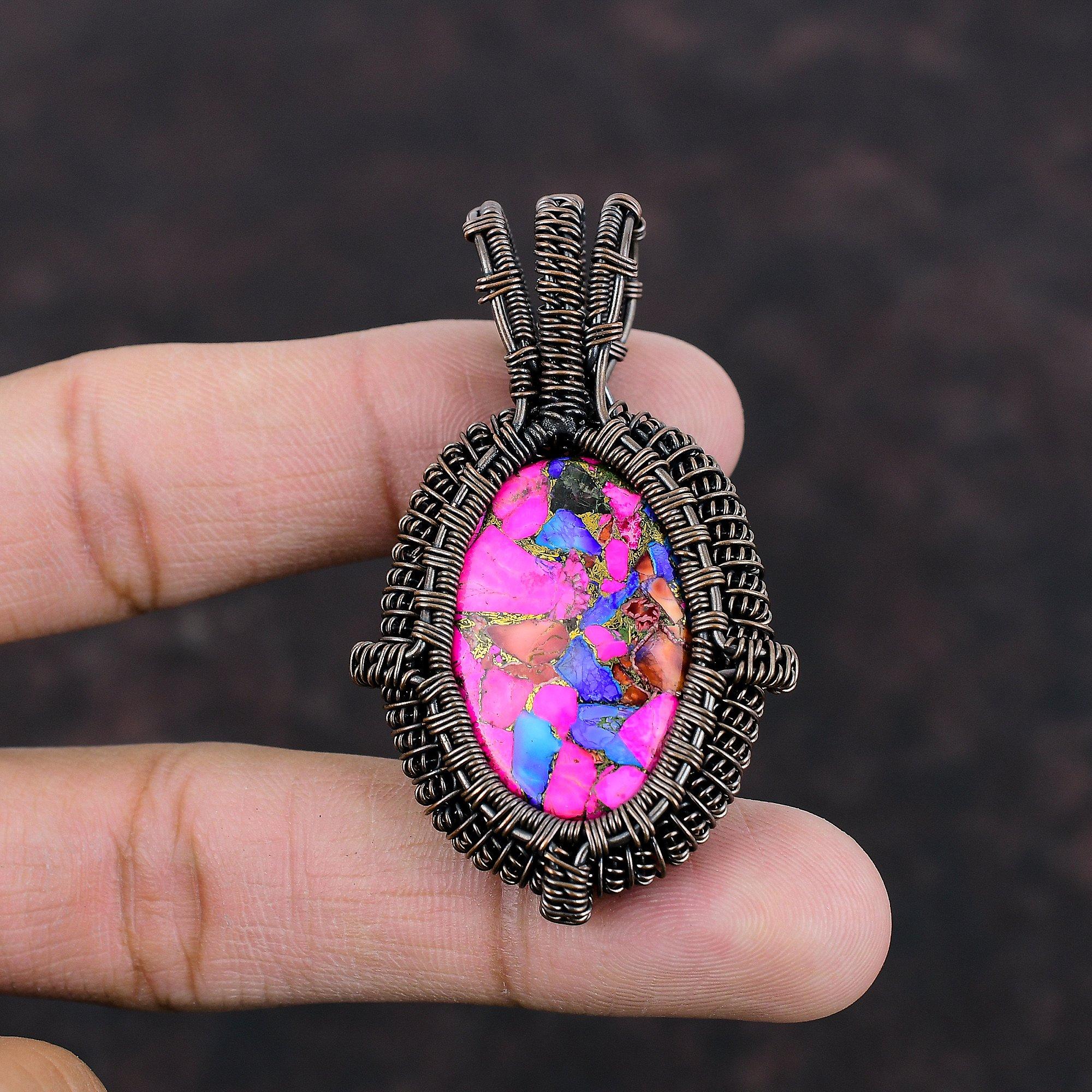 Natural Kingman Pink Dahlia Turquoise Pendant Copper Wire Wrapped Pendant Handmade Copper Jewelry Boho Pendant Gift For Mom Gemstone Jewelry