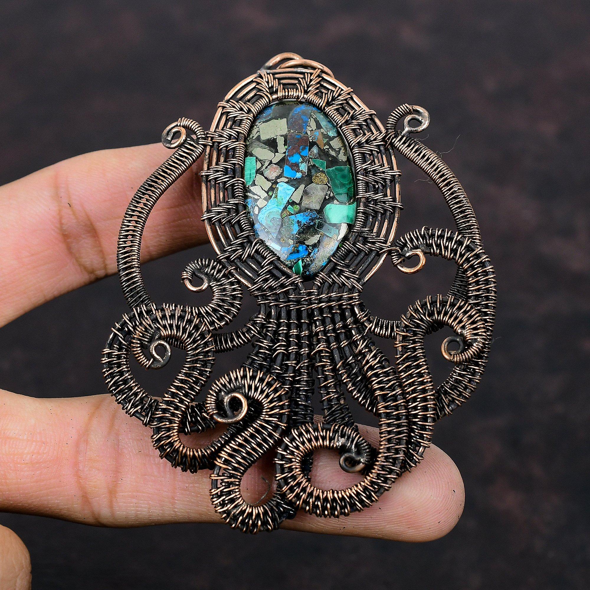Copper Azurite Malachite Pendant Copper Wire Wrapped Gemstone Pendant Copper Designer Jewelry Octopus Pendant Handmade Jewelry Gift For Mom