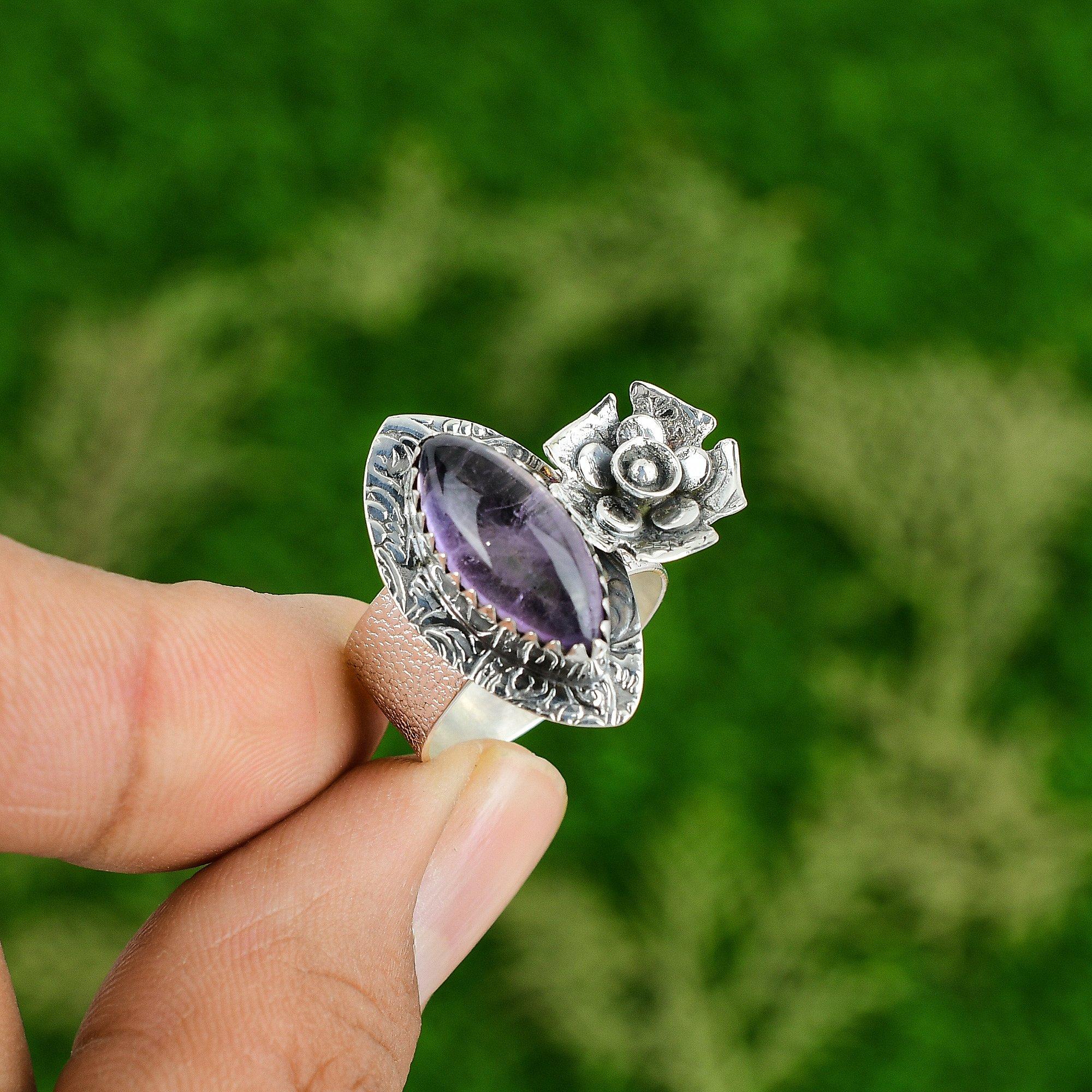 Natural African Amethyst Stackable Flower Ring Size 8.25 925 Silver For Women