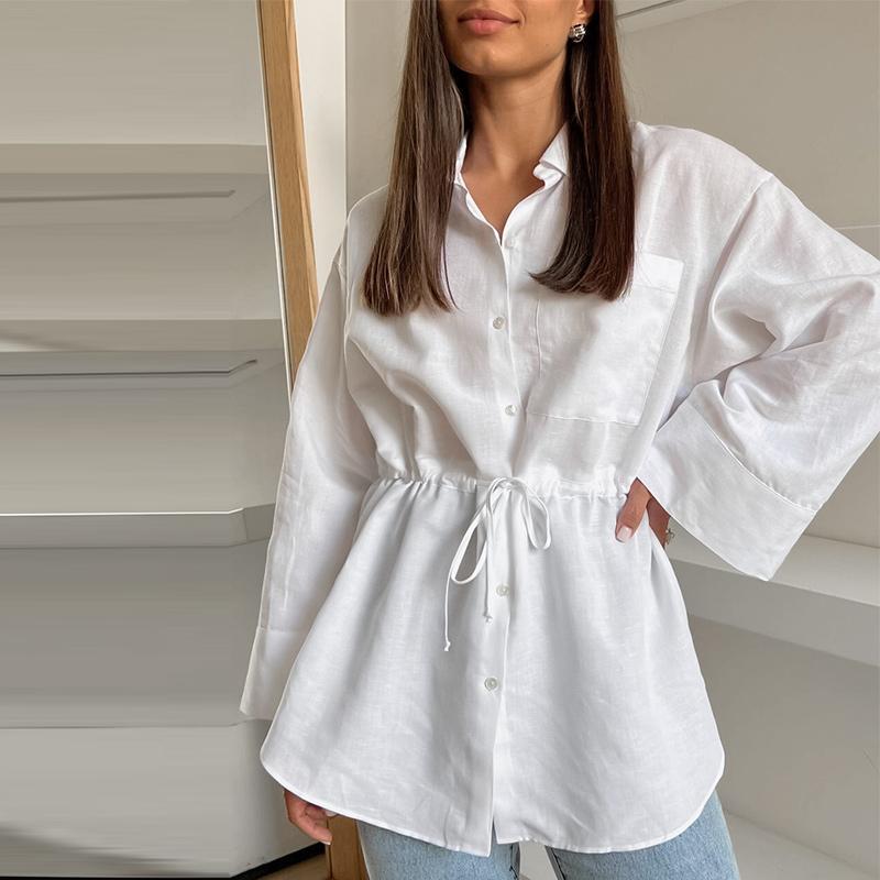 Bílá bavlněná šněrovací košile stahující pas Jednoduchá móda Dámské halenky Polo límeček Jednořadé Dlouhý rukáv Top Dojíždění HarajukuStyl Jaro Léto