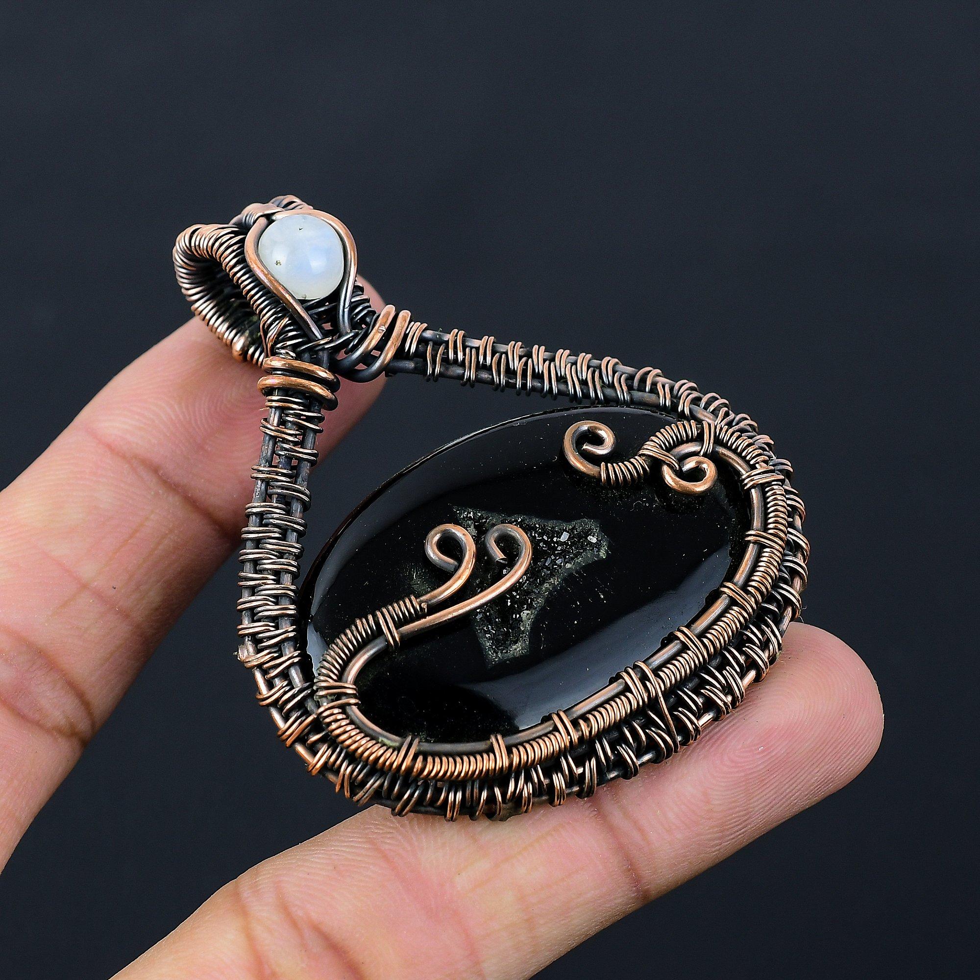 Black Solar Druzy Gemstone Pure Copper Wire Wrapped Handmade Pendant Jewelry For Gift