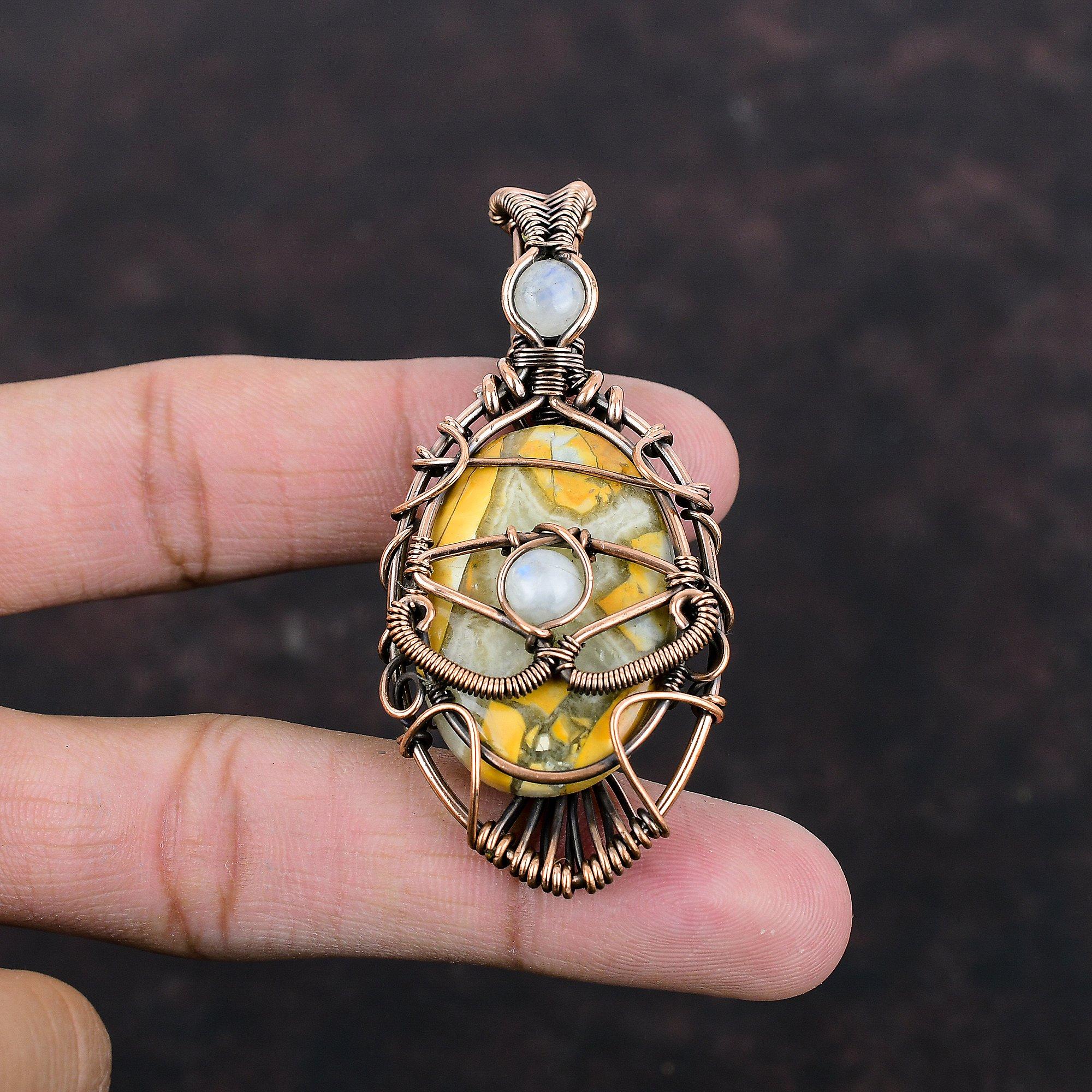 Evil Eye Maligano Jasper Pendant Copper Wire Wrapped Pendant Handmade Gemstone Jewelry Rainbow Moonstone Pendant Unique Jewelry Gift For Mom