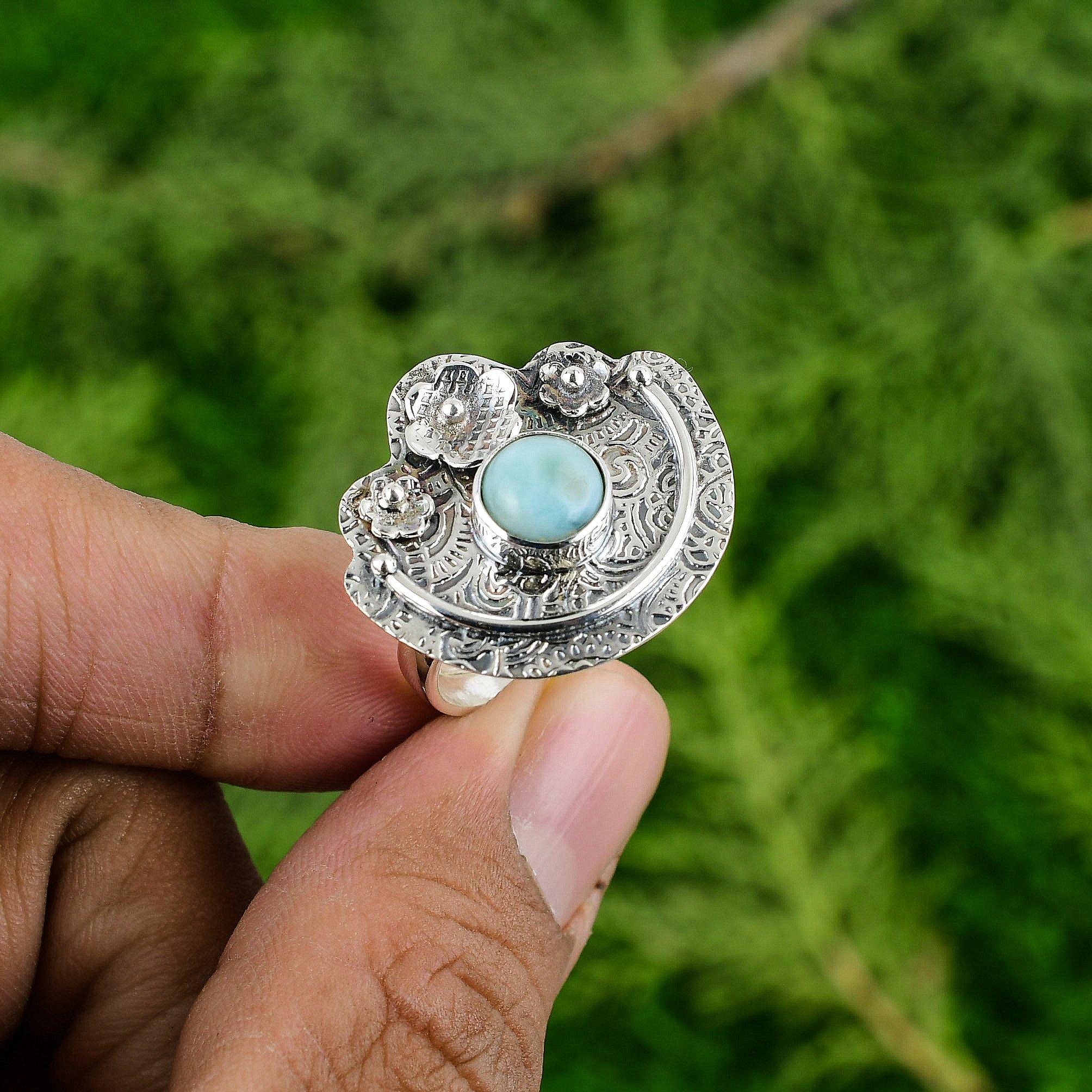 Natural Larimar 925 Silver Multi Stone Flower Mother Promise Throat Chakra Ring
