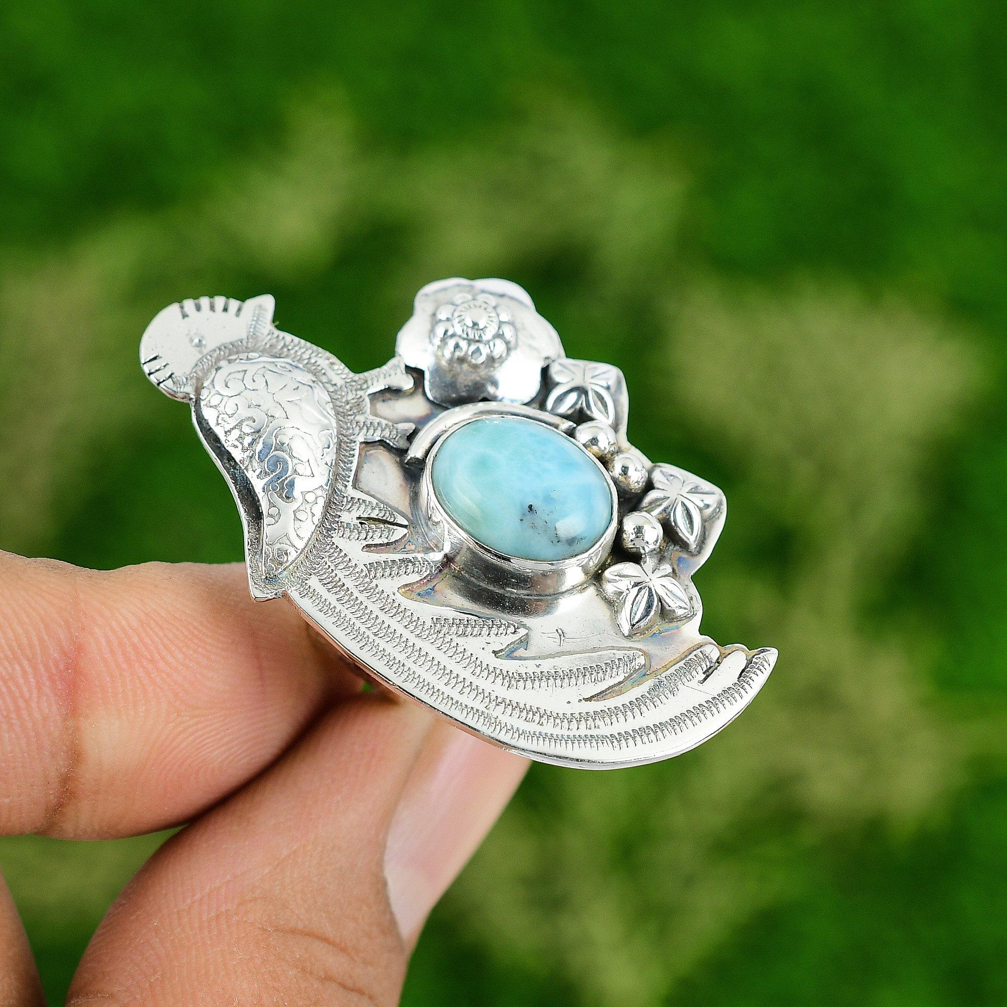 Birthday Gift For Her Natural Larimar Statement Bird Adjustable Ring 925 Silver