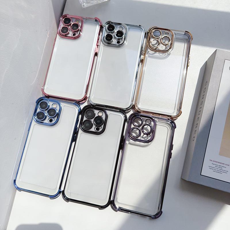 Galvanizuoti keturių kampų apsauginiai permatomi telefono dėklai, skirti „iPhone“, „Huawei“, „Honor“, „OPPO“, „Infinix“, „Itel Tecno“.