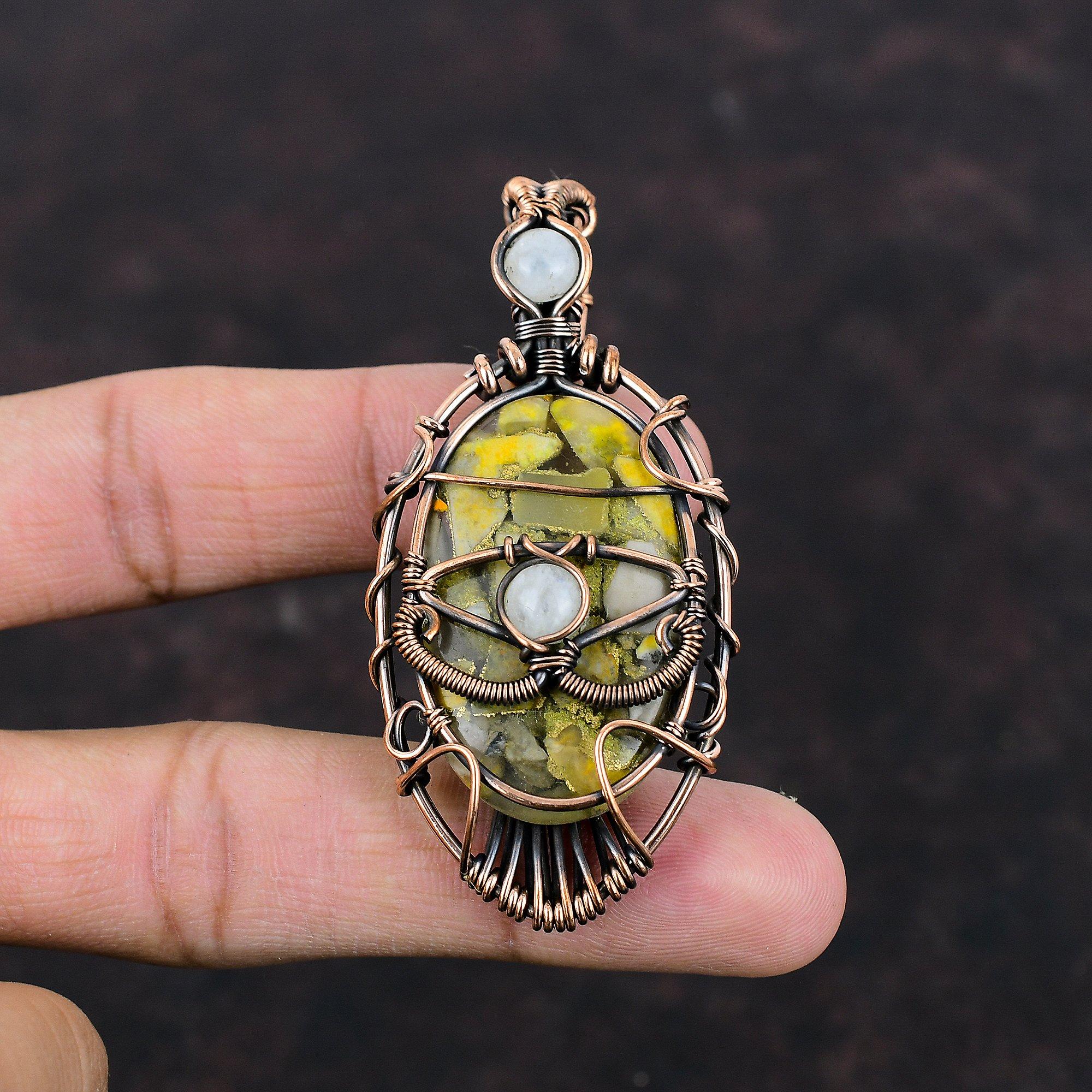 Copper Bumble Bee Jasper Pendant Copper Wire Wrapped Pendant Moonstone Pendant Evil Eye Gemstone Pendant Handmade Copper Wire Wrap Jewelry