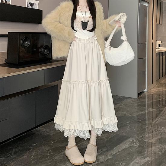 Lace Spliced Midi Skirts for Women High Waist Sweet Vintage A-line Cake Skirt Fashion Clothing Spring Autumn