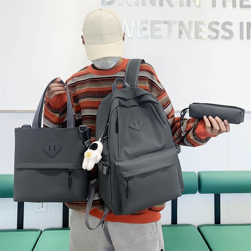 Unisex Advanced PU Schoolbags for College Students High School Elegant Black 3 Pcs Set Backpack with Study Bag Pencil Box