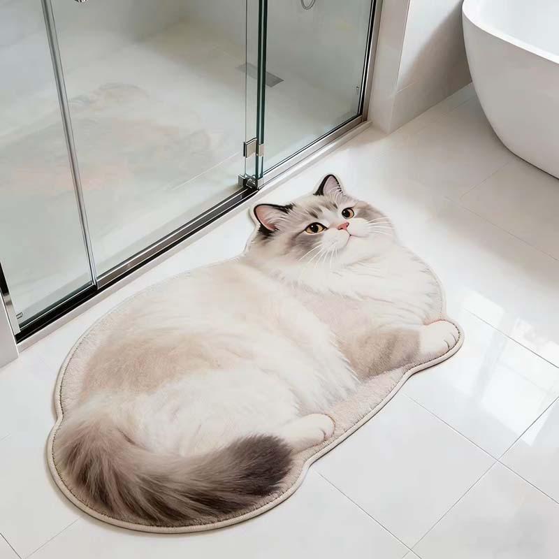 Cartoon Cat Shaped Diatomaceous Earth Bath Mat, Water Absorbent Non Slip Wear Resistant Bathroom Doormat for Toilet Entrance