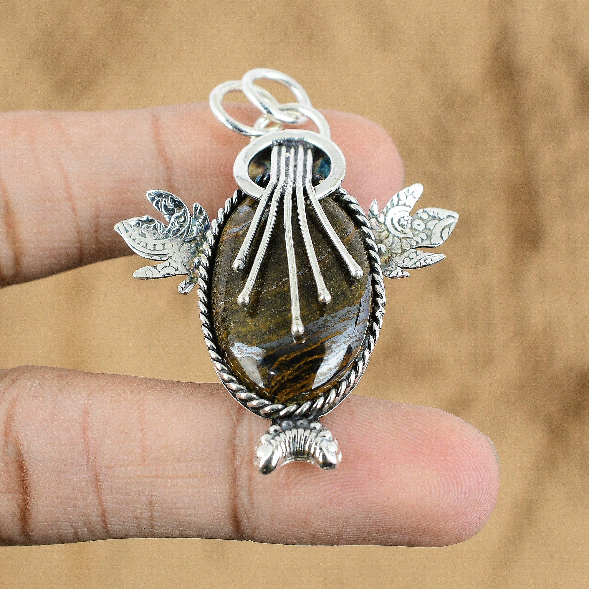 Natural Iron Tiger Eye Gemstone Pendant Yellow 925 Sterling Silver Jewelry