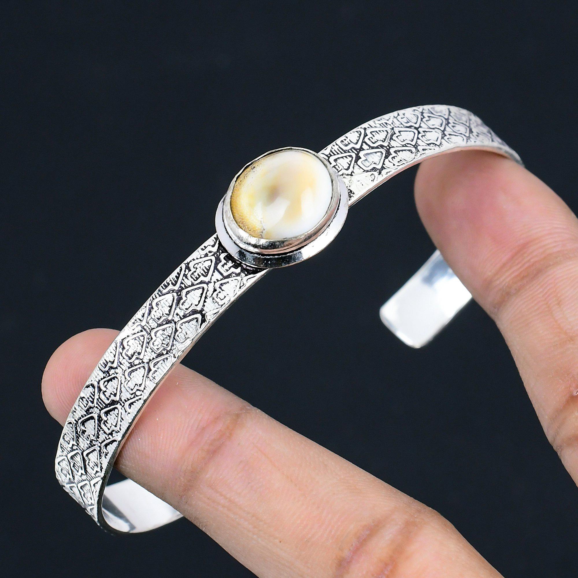Vente Fête des Filles Bracelet Jonc Ovale Art Déco Boho en Argent 925 et Coquille Œil de Shiva Naturelle
