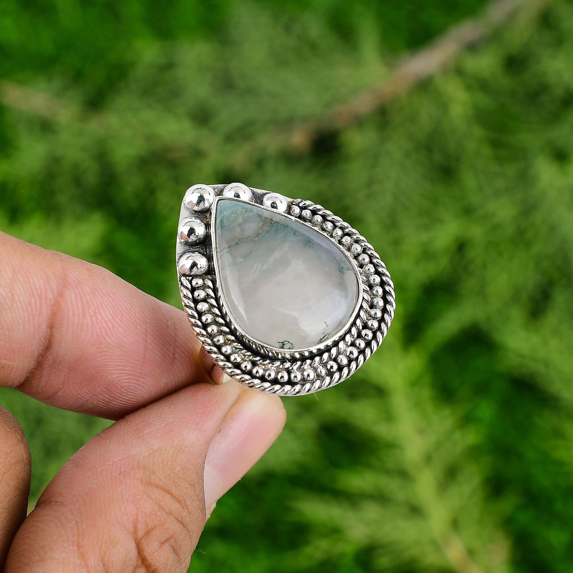 Thanks Giving Day Deal Pear Solar Moss Agate Stone Sterling Silver Art Deco Ring