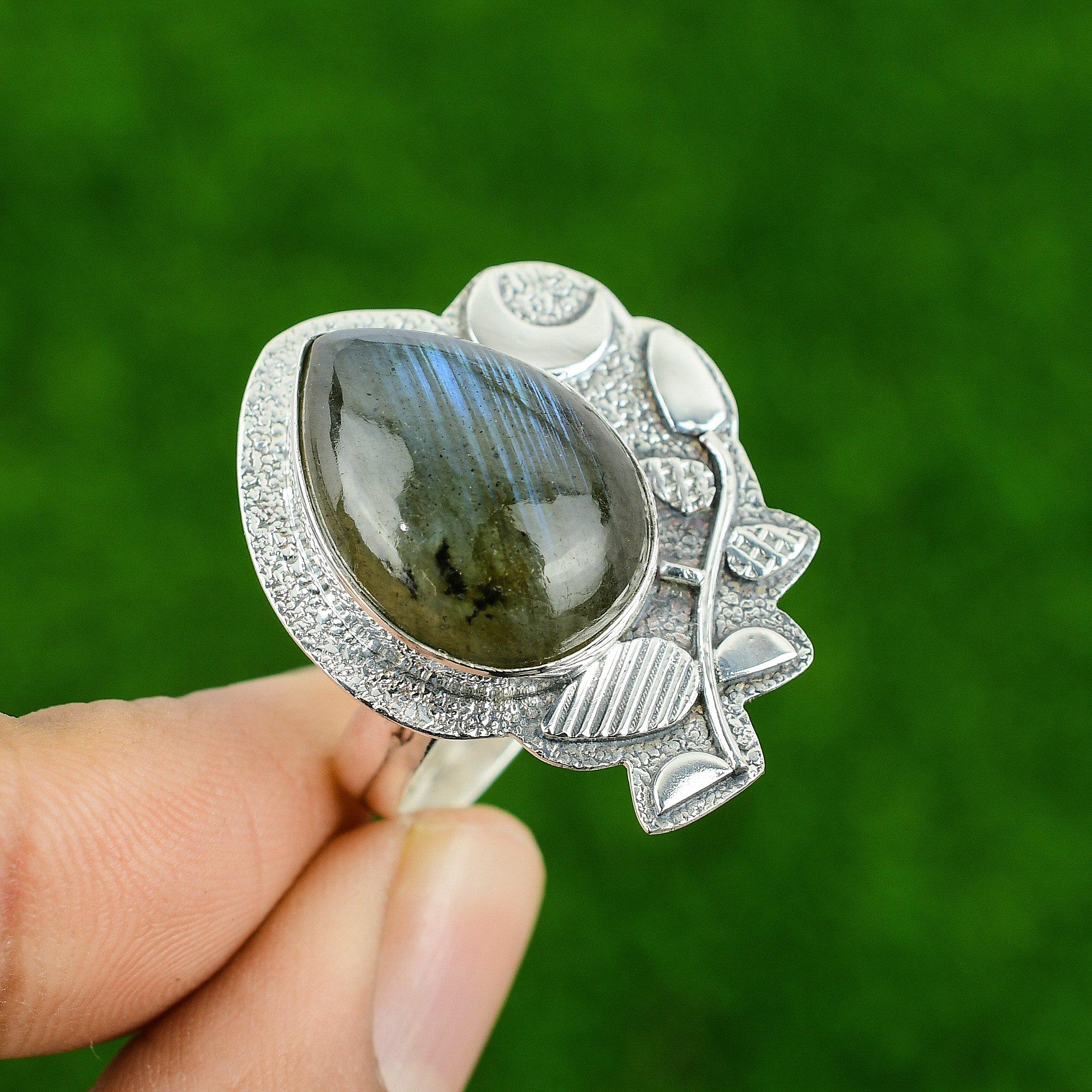 Natural Labradorite Cescent Moon Bezel Promise Birthday Ring 925 Sterling Silver
