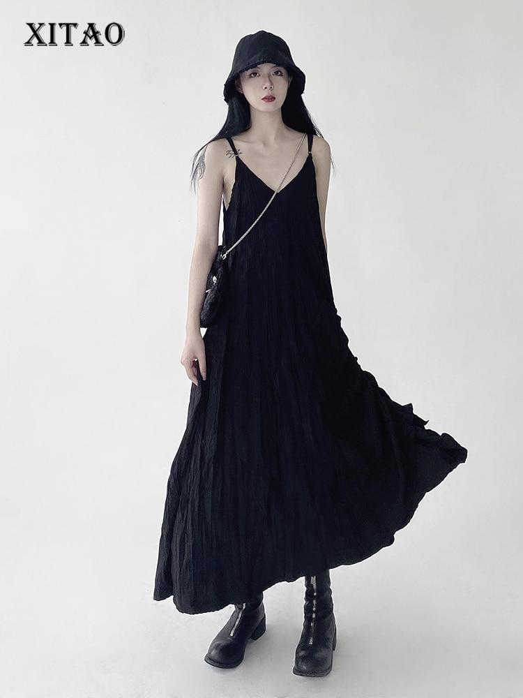 XITAO Black Folds Fashion Sleeveless V-neck Sling Dress HQQ0867