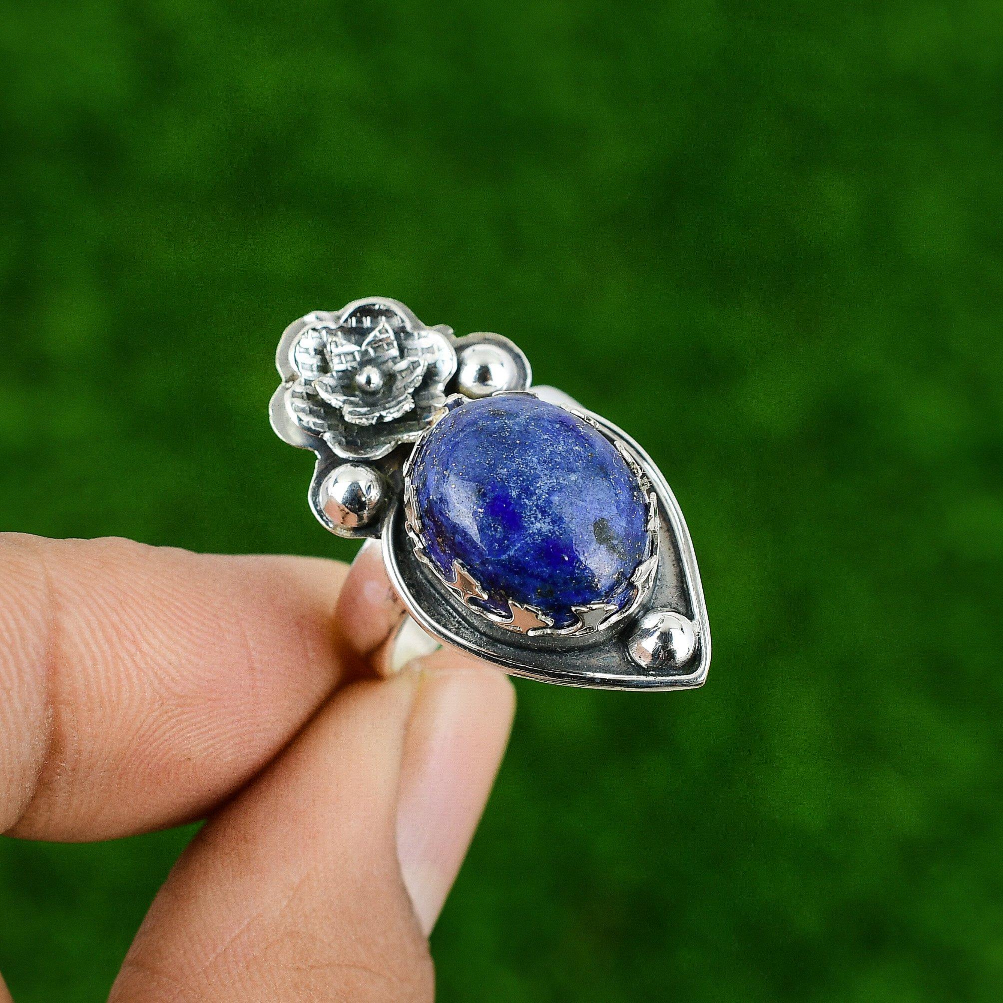 Natural Lapis Lazuli Gemstone Promise Flower Adjustable Ring 925 Sterling Silver