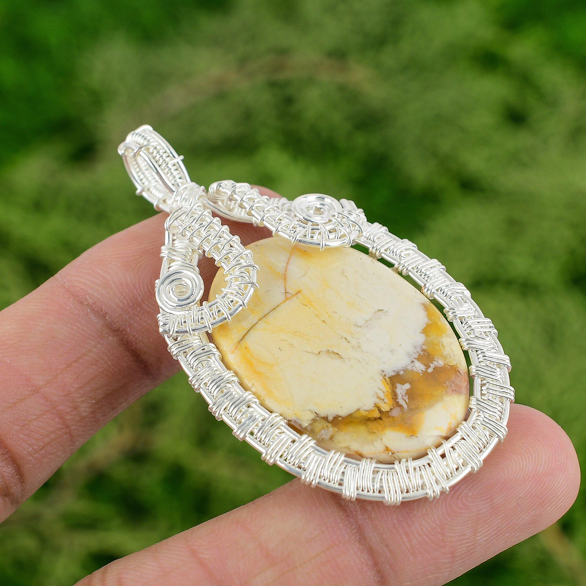 925 Sterling Silver Oval Brecciated Mookaite Stone Handmade Wire Wrapped Pendant