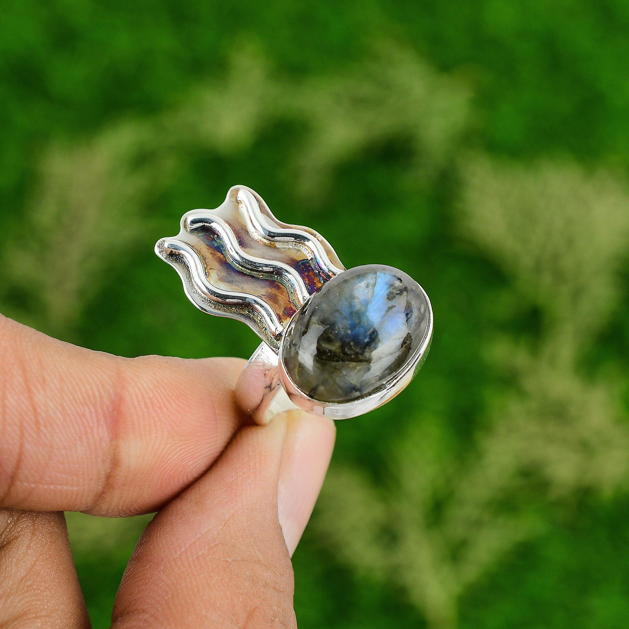 Natural Labradorite Gemstone Multi Stone Ring Size 7.75 925 Sterling Silver