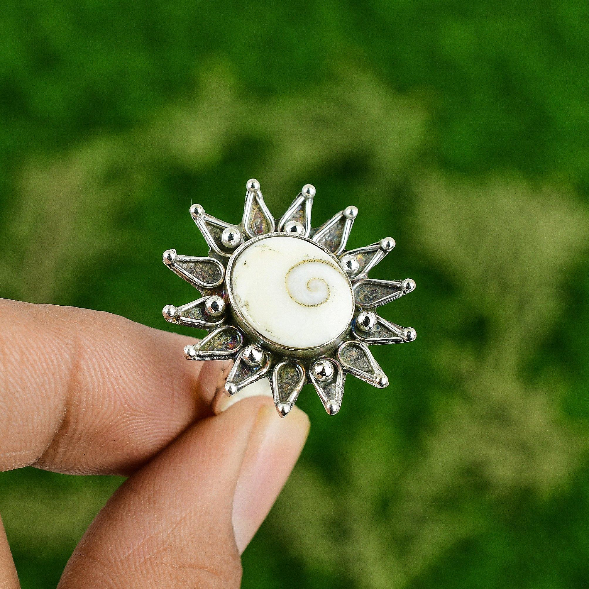 Sterling Silver Shiva Eye Shell Stone Flower Engagement Stackable Ring Jewelry