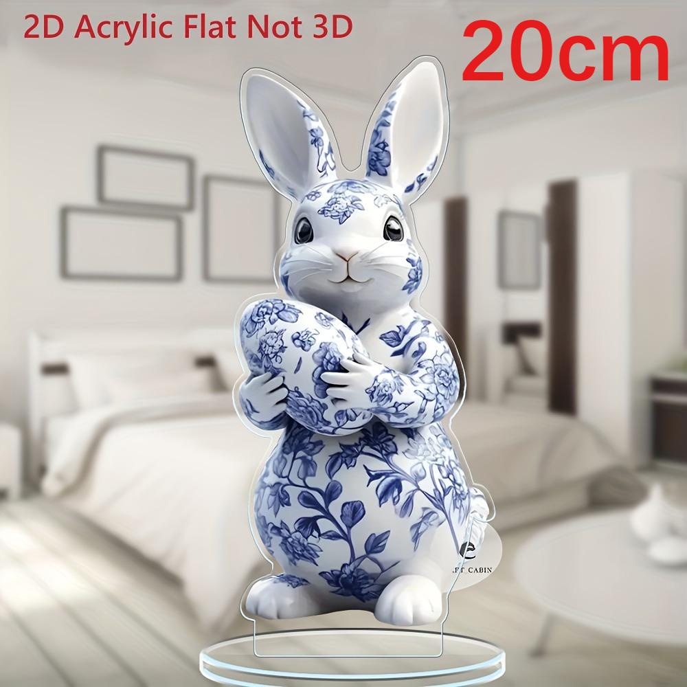 Ornement suspendu Lapin en Acrylique Plat 2D Bleu Blanc Porcelaine, Décoration Fenêtre Salon Maison, Cadeau de Pâques Thanksgiving Pour Amis