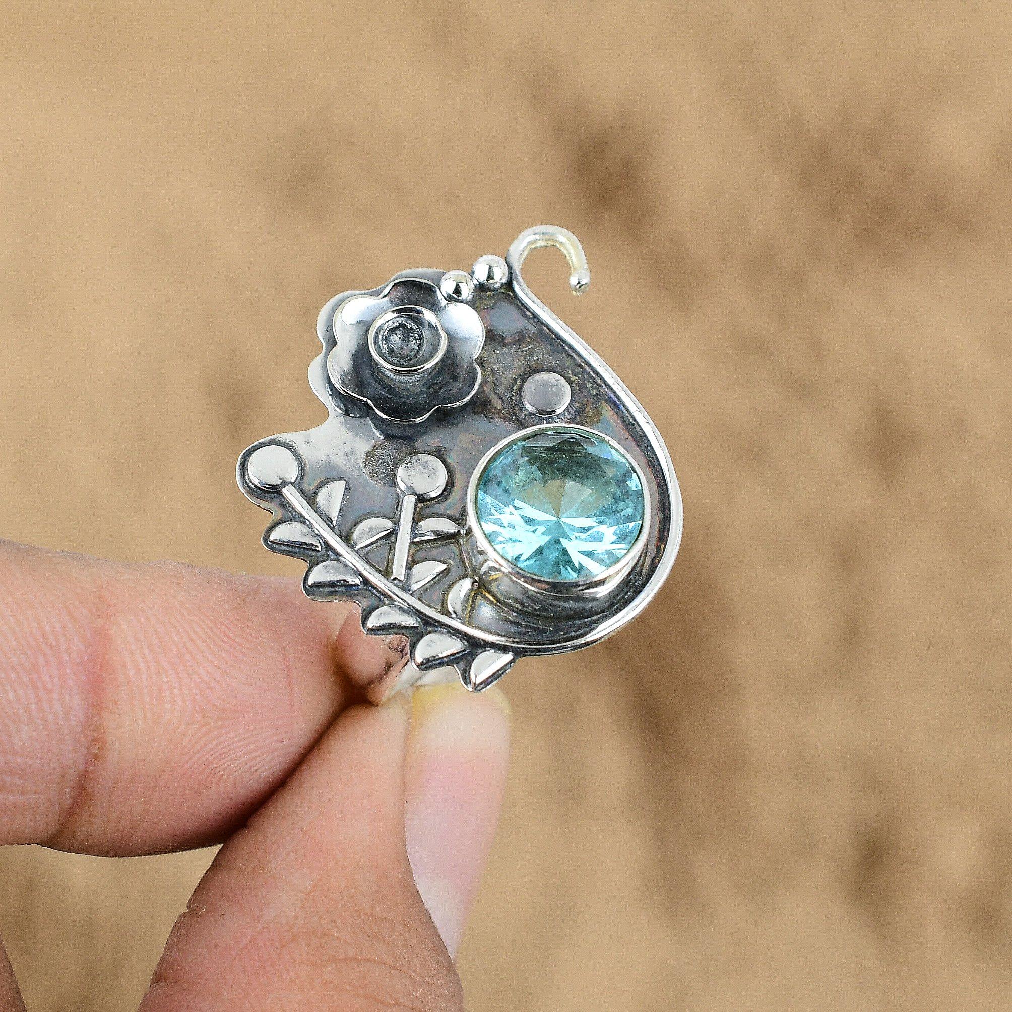 Mothers day Sale Swiss Blue Topaz Stone Promise Wife Flower Ring Sterling Silver