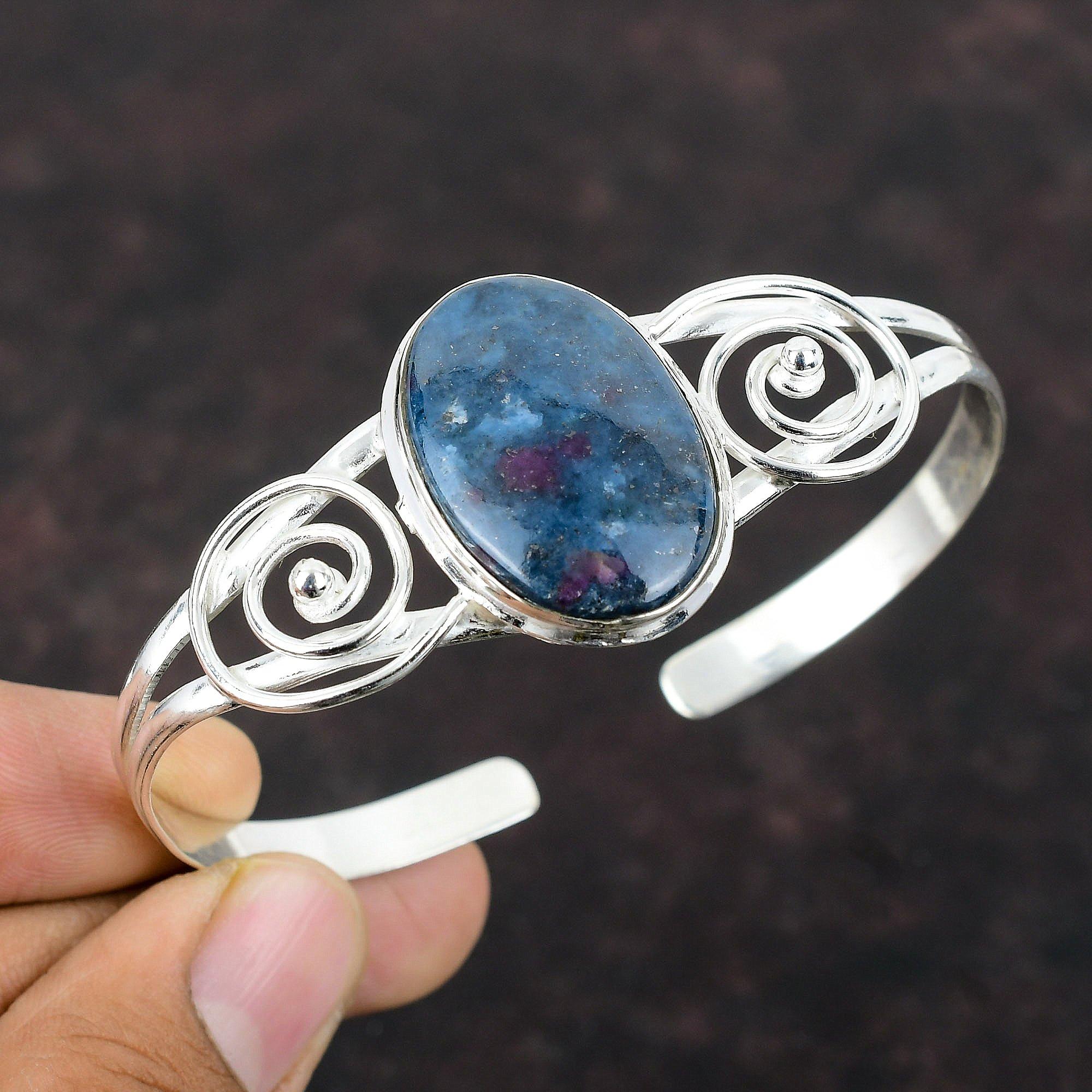 Ruby In Blue Kyanite Bangle 925 Sterling Silver Cuff Bracelet Top Quality Gemstone Bangle Adjustable Bangle Handmade Jewelry Gift For Mother