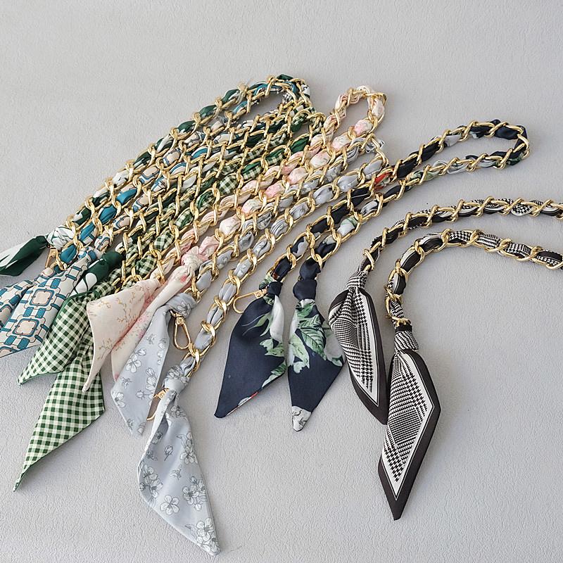 New Fashion Brand Woman Handbag Accessory Chains Detachable Floral Print Gold Silver Metal Silk Shoulder Strap Women DIY Chain Bag Handles
