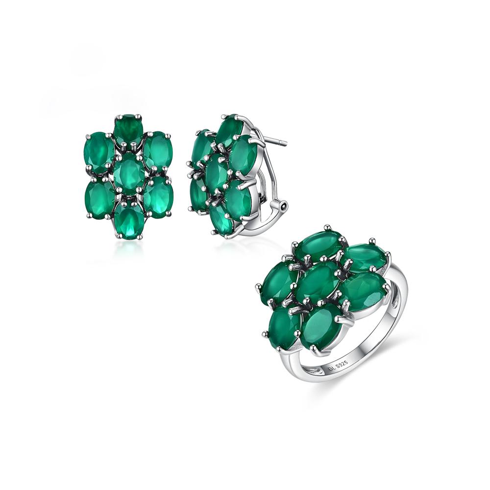 Natural Green Agate Gemstone Jewelry Set 925 Sterling Silver Earrings Silver Rings for Women Wife Nice Gift