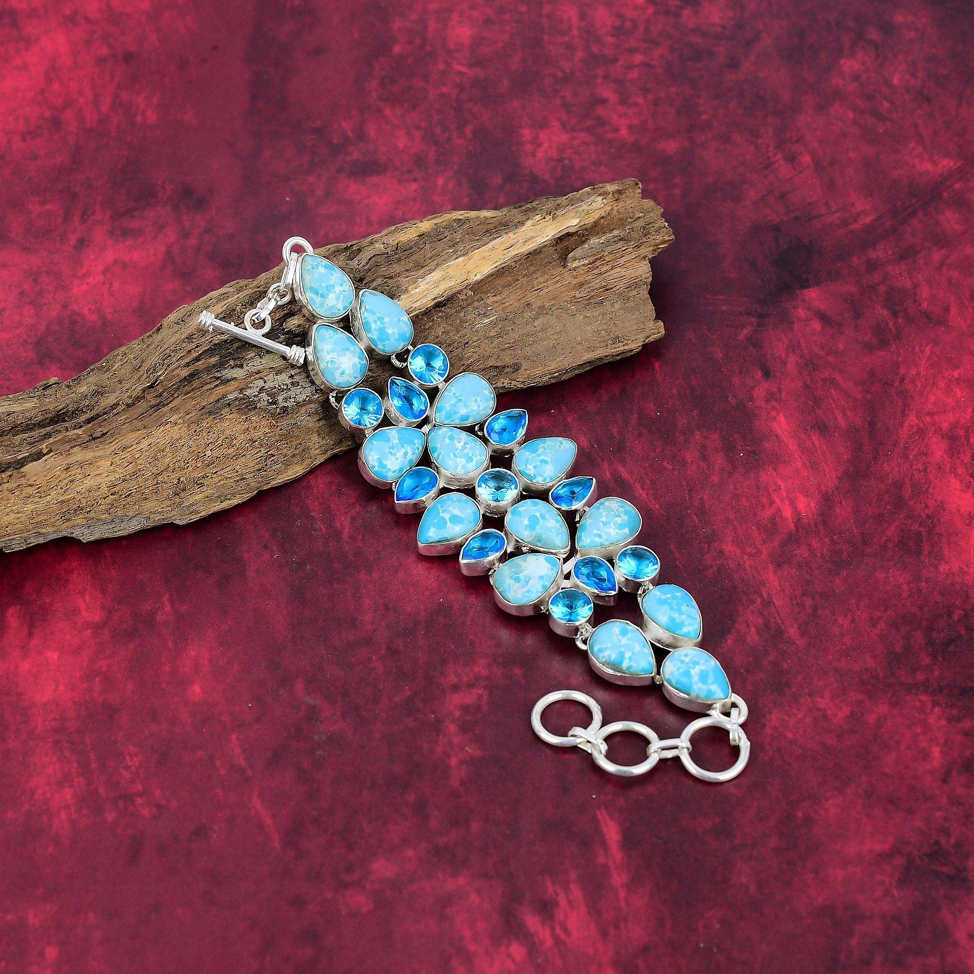Larimar, Blue Topaz Bracelet Gemstone Jewelry, 925 Solid Sterling Silver Handmade Bracelet, Latest Design Jewelry