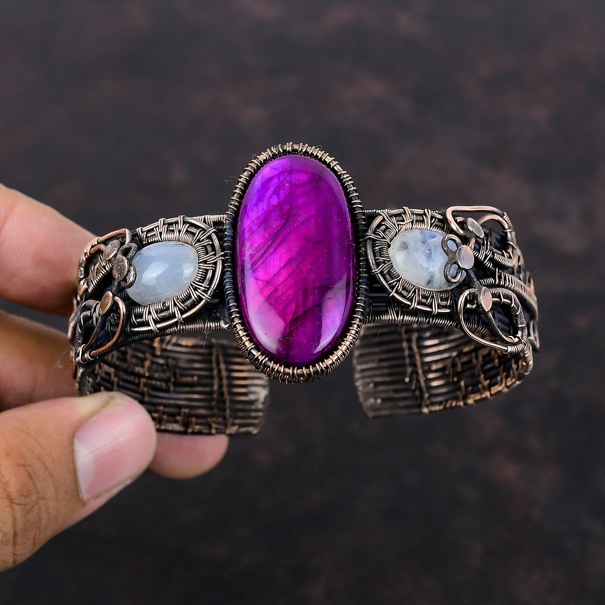 Purple Fire Labradorite Cuff Bracelet Copper Wire Wrapped Gemstone Bangle Moonstone Bangle Adjustable Cuff Bracelet Handmade Copper Jewelry