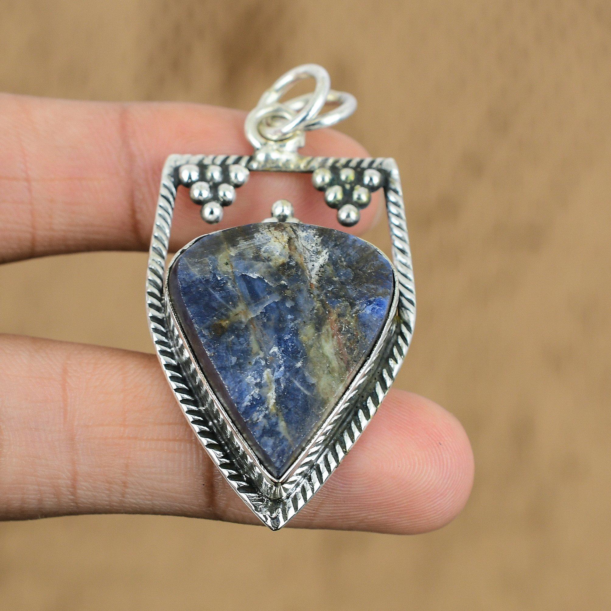 Sterling Silver Third Eye Chakra Pear Natural Sodalite Rough Anniversary Pendant