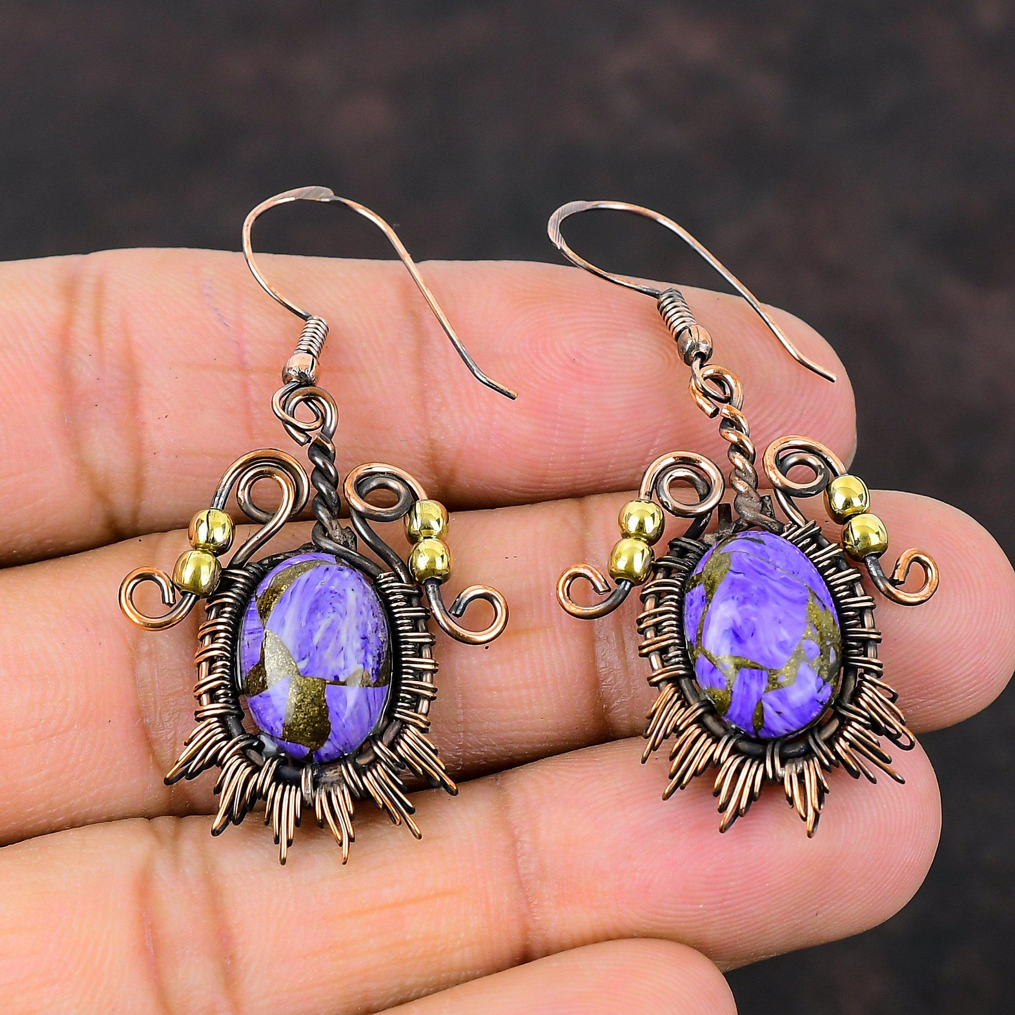 Brinco de Charoite de Cobre Brinco de Fio de Cobre Enrolado Brincos Pendentes Joias de Cobre com Pedras Preciosas Brinco Feito à Mão Joias de Designer Presente de Aniversário