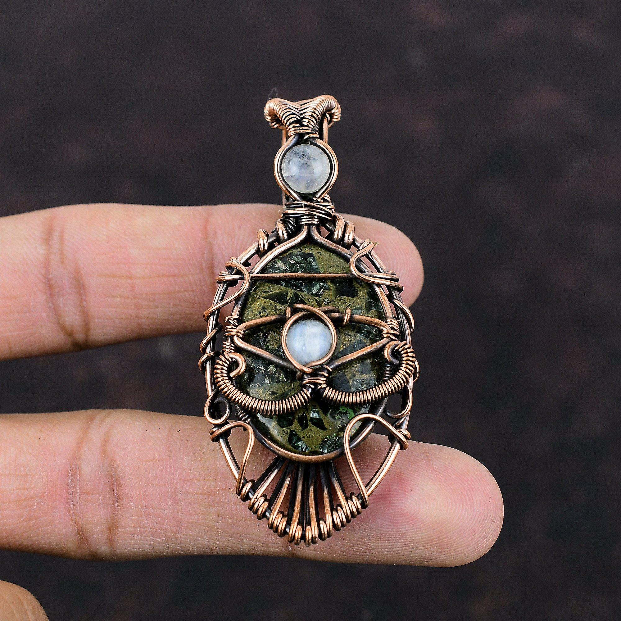 Evil Eye Copper Seraphinite Pendant Copper Wire Wrapped Gemstone Pendant Rainbow Moonstone Pendant Handmade Copper Jewelry Anniversary Gift