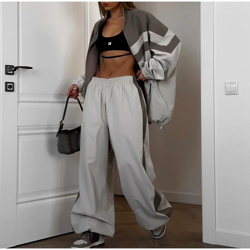 Women's Sports Suit Stripe Contrasting Design Zipper Long Sleeved Jacket with Loose Pants Casual Two-piece Set Spring and Autumn