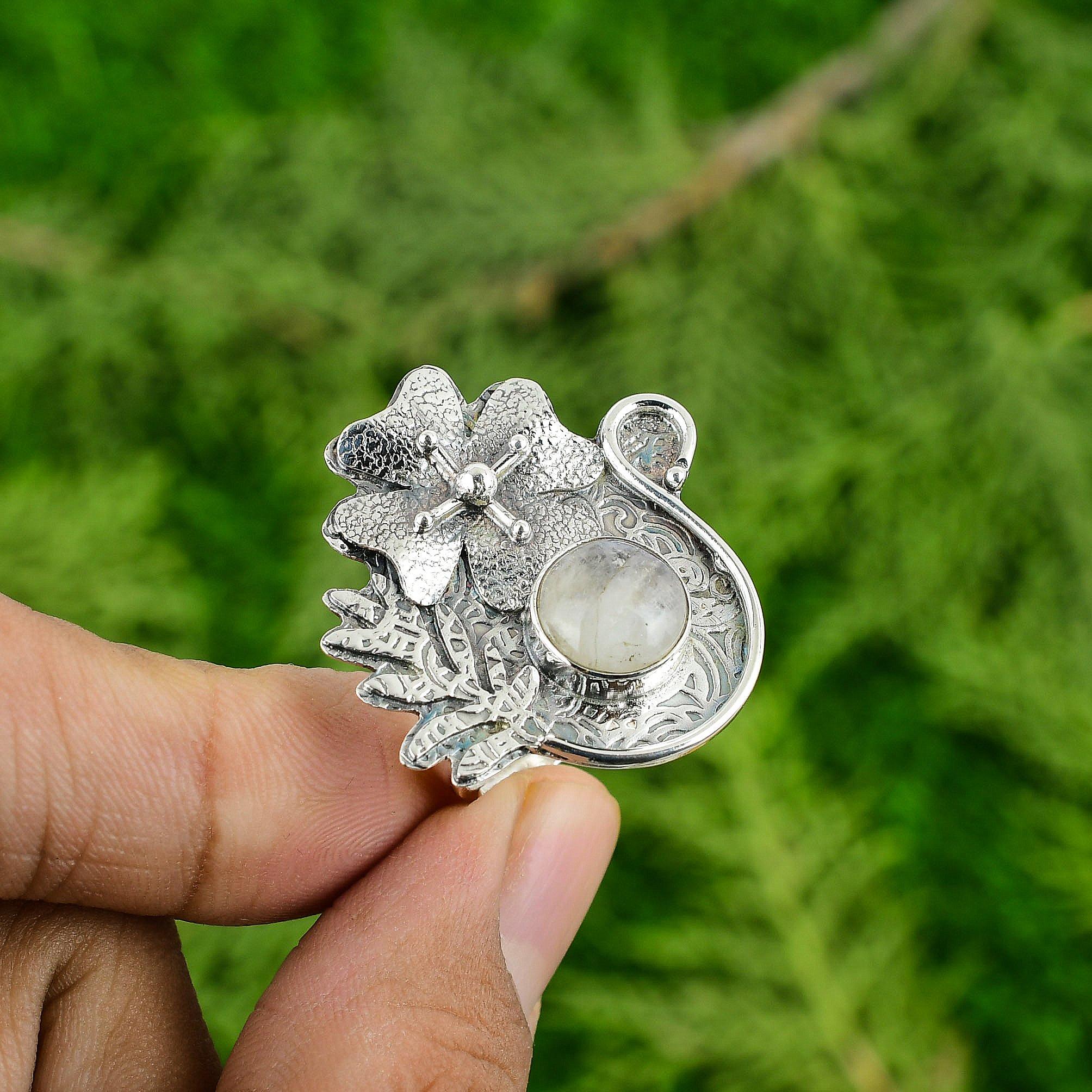 Natural Rainbow Moonstone 925 Sterling Silver Wife Promise Birthday Flower Ring