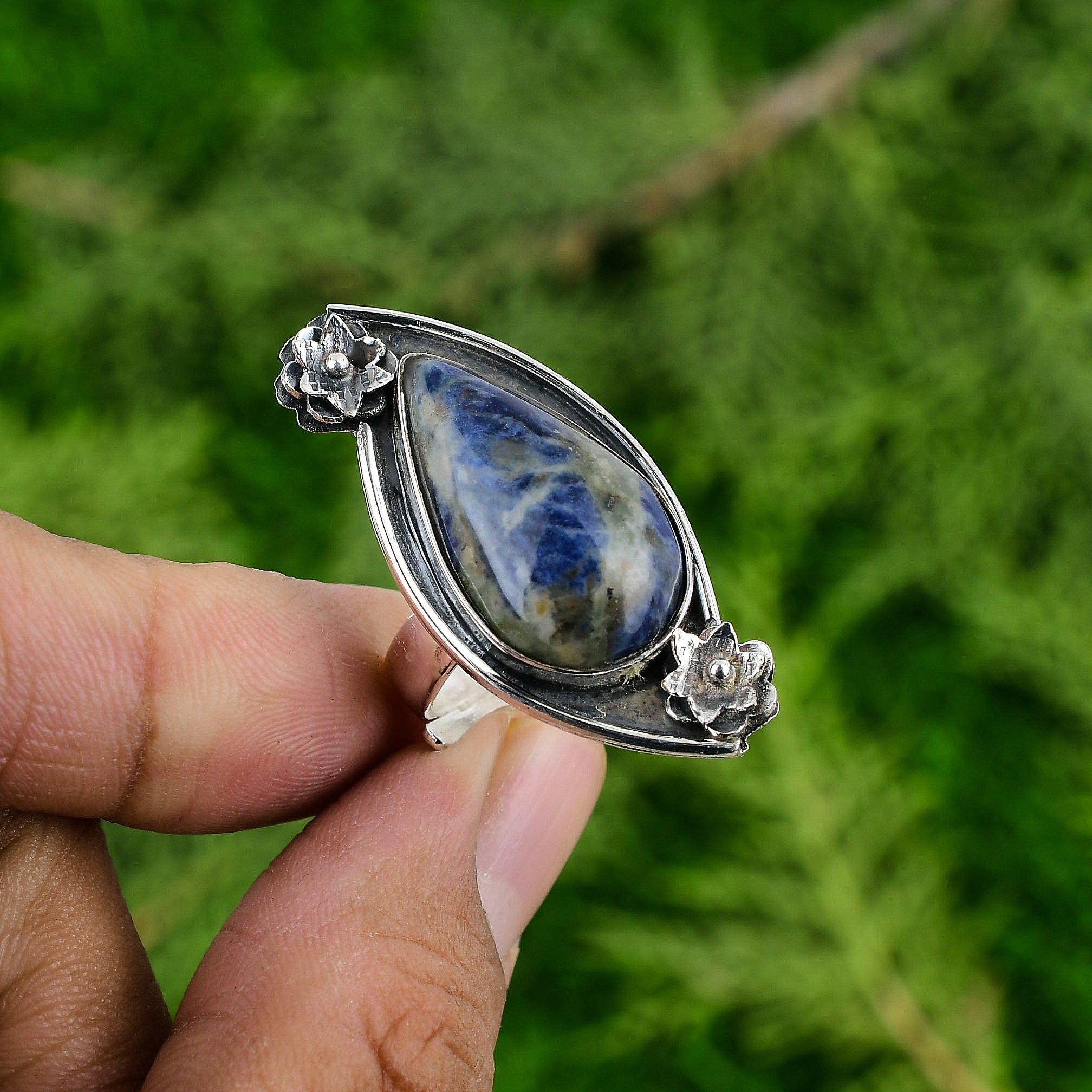 Gift For Her 925 Silver Natural Sodalite Solitaire Flower Adjustable Ring