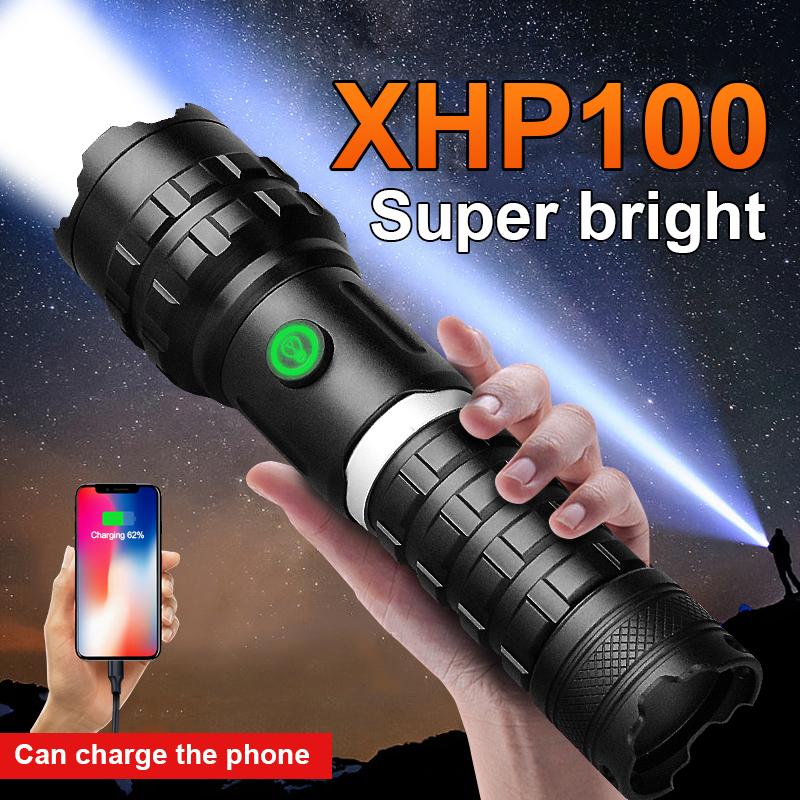 Powerful Flashlight 230000LM Torch Light XHP100 LED Wick High Energy Brightness Lamp Camping Lantern Hiking Light