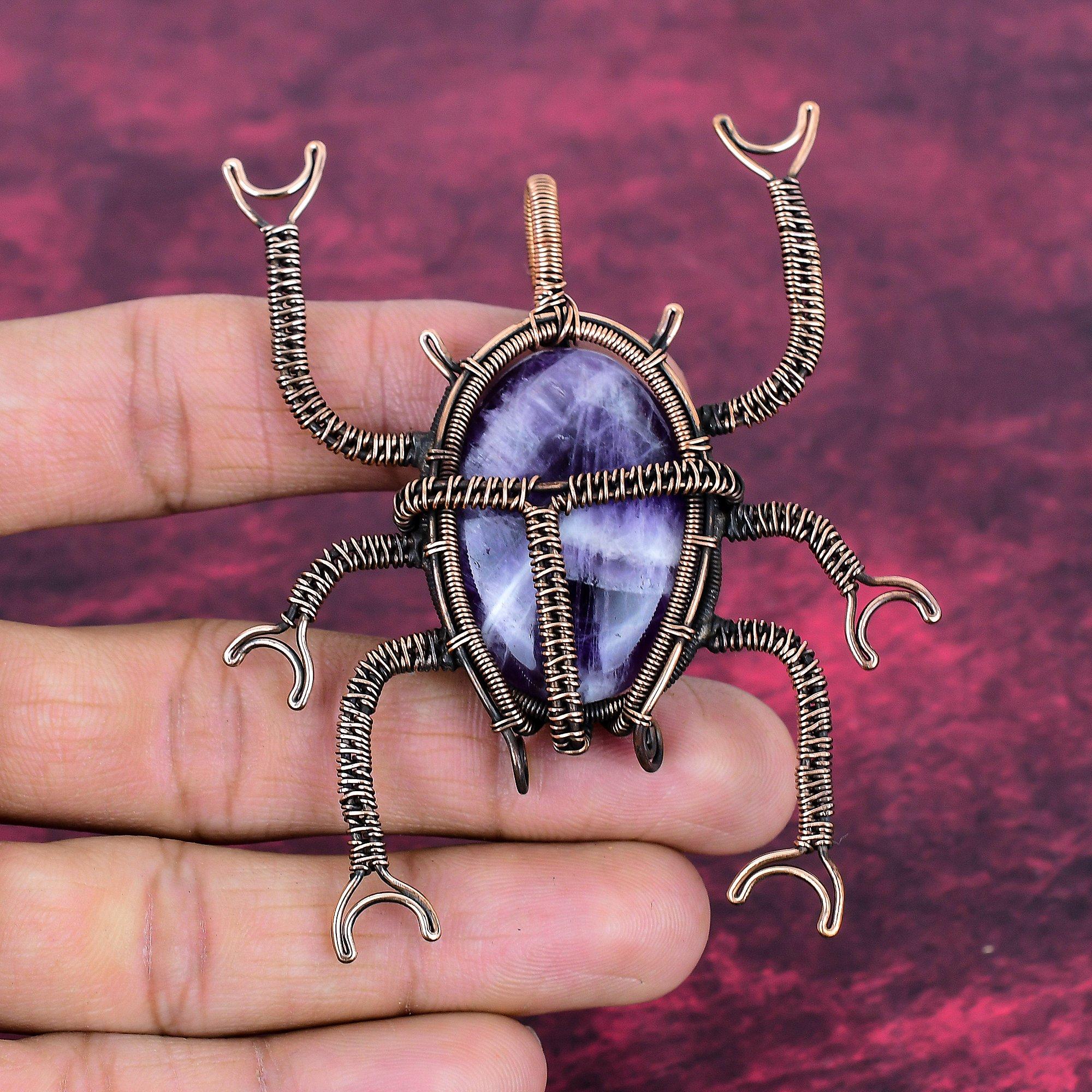 Pendentif Améthyste Chevron Pendentif Scarabée Bijoux en Pierre Enroulée par Fil de Cuivre