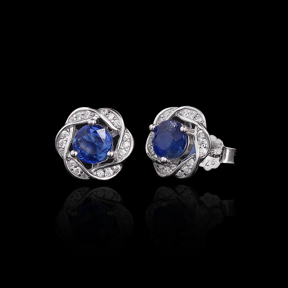 925 Sterling Silver Flower Shape Women's Earrings Natural round 5.0mm Kyanite "Wisdom Stone" Fine Jewelry For Birthday Gifts