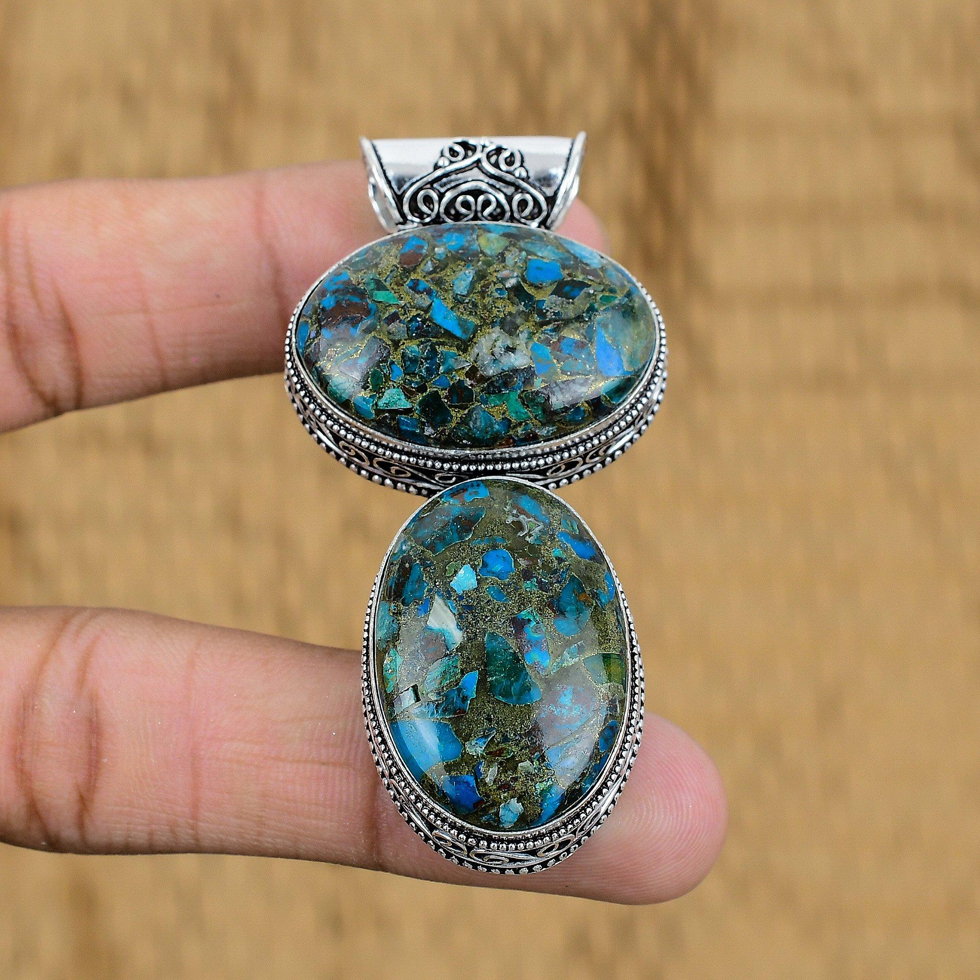 Natural Copper Amazonite Gemstone Pendant Vintage 925 Sterling Silver Jewelry