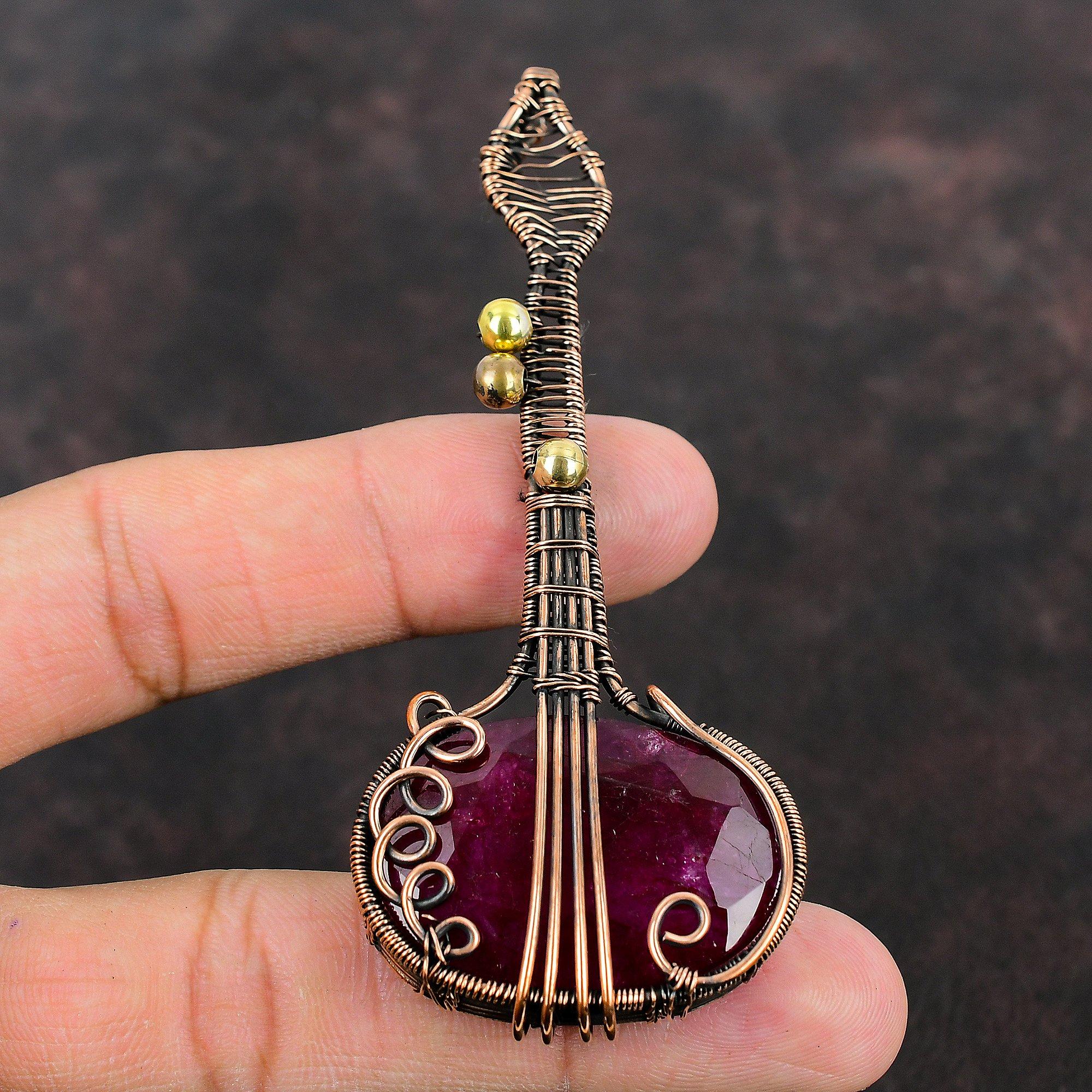 Kashmir Ruby Copper Wire Wrapped Pendant Gemstone Copper Pendant Ruby Guitar Jewelry Handmade Jewelry Gift For Mom Music Instrument Jewelry